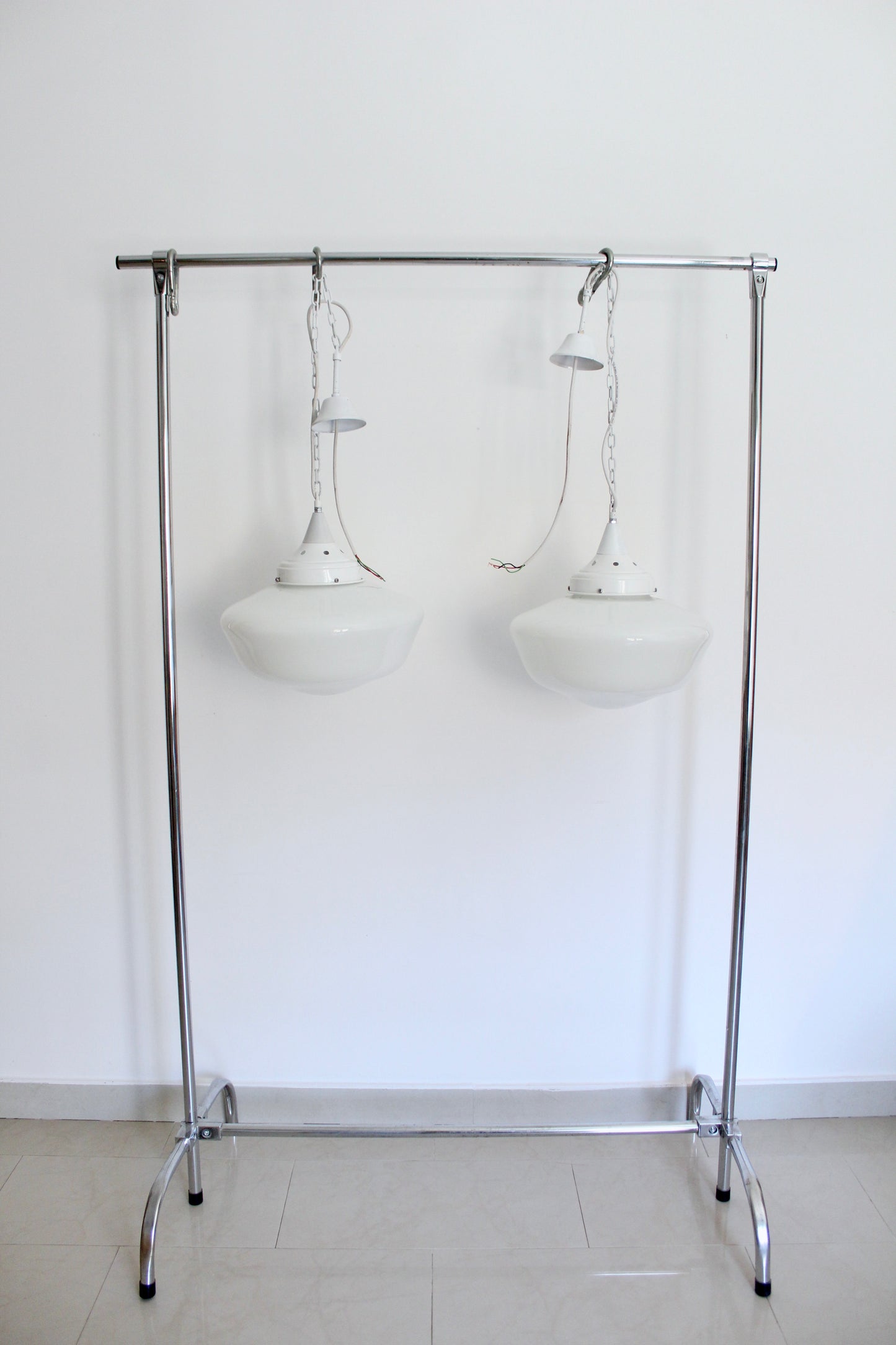 Pair of Vintage Industrial Opaline Glass Pendant Lights