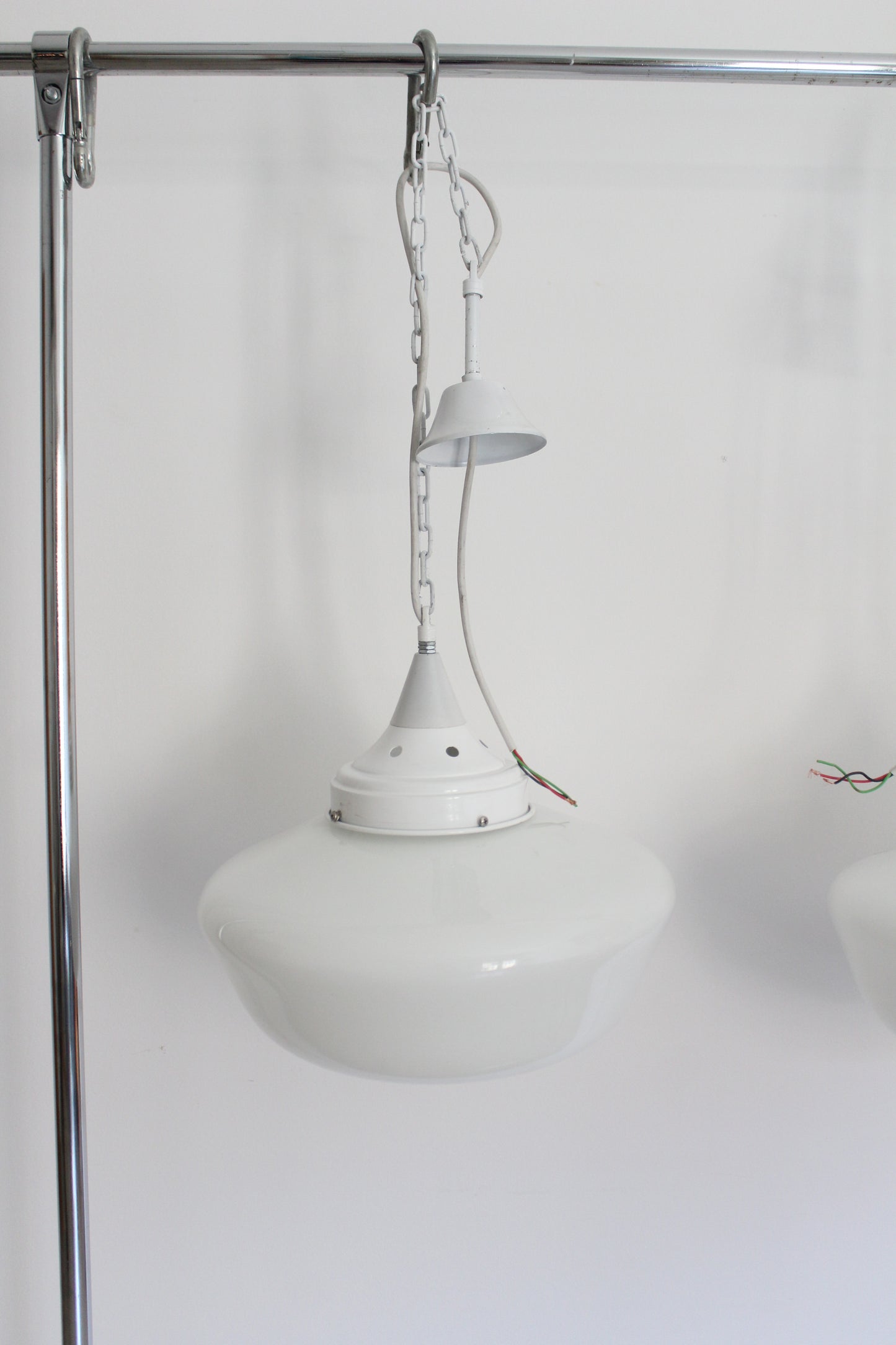 Pair of Vintage Industrial Opaline Glass Pendant Lights