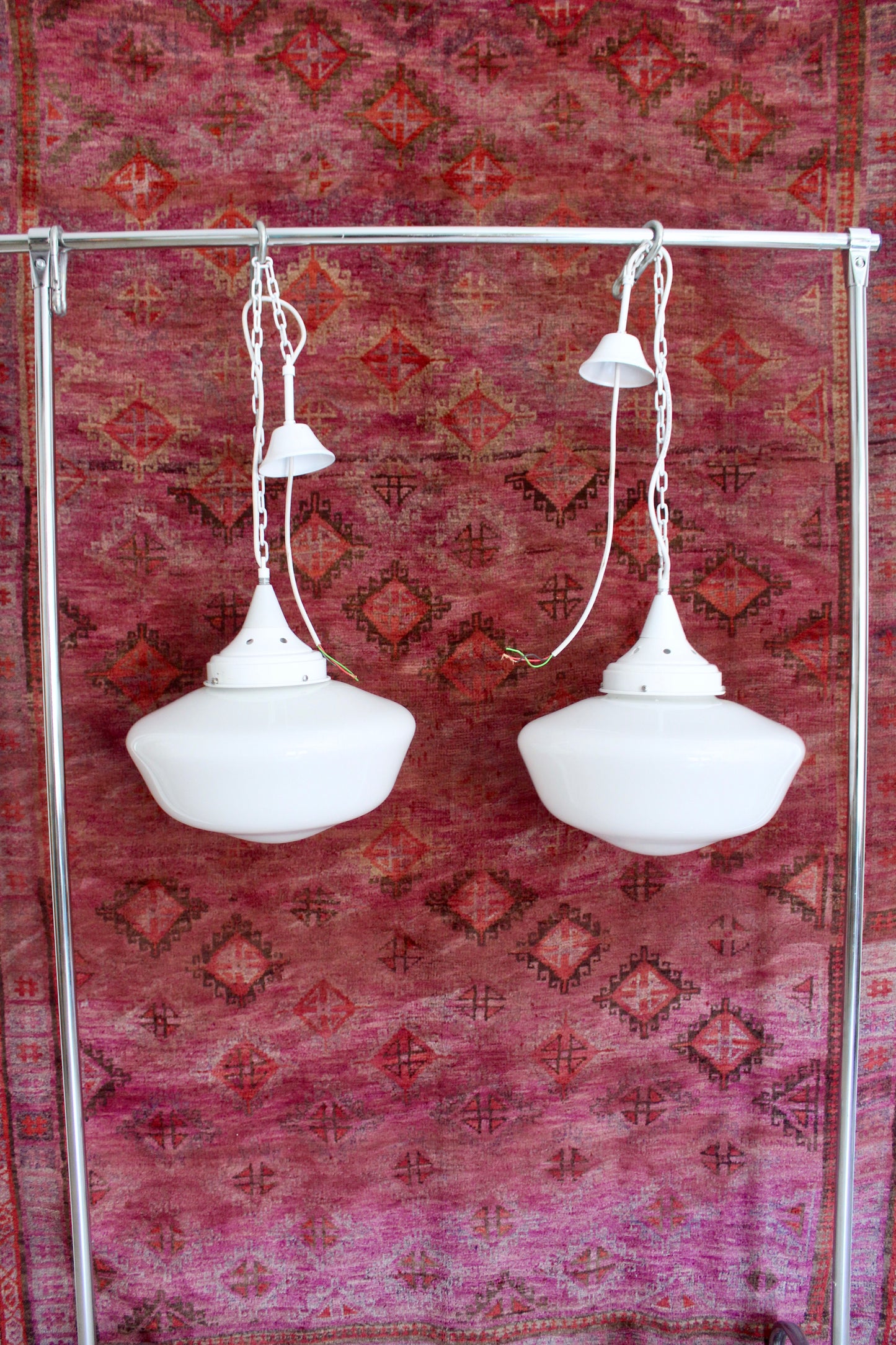 Pair of Vintage Industrial Opaline Glass Pendant Lights