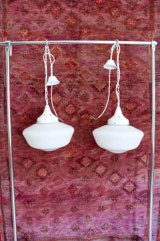 Pair of Vintage Industrial Opaline Glass Pendant Lights
