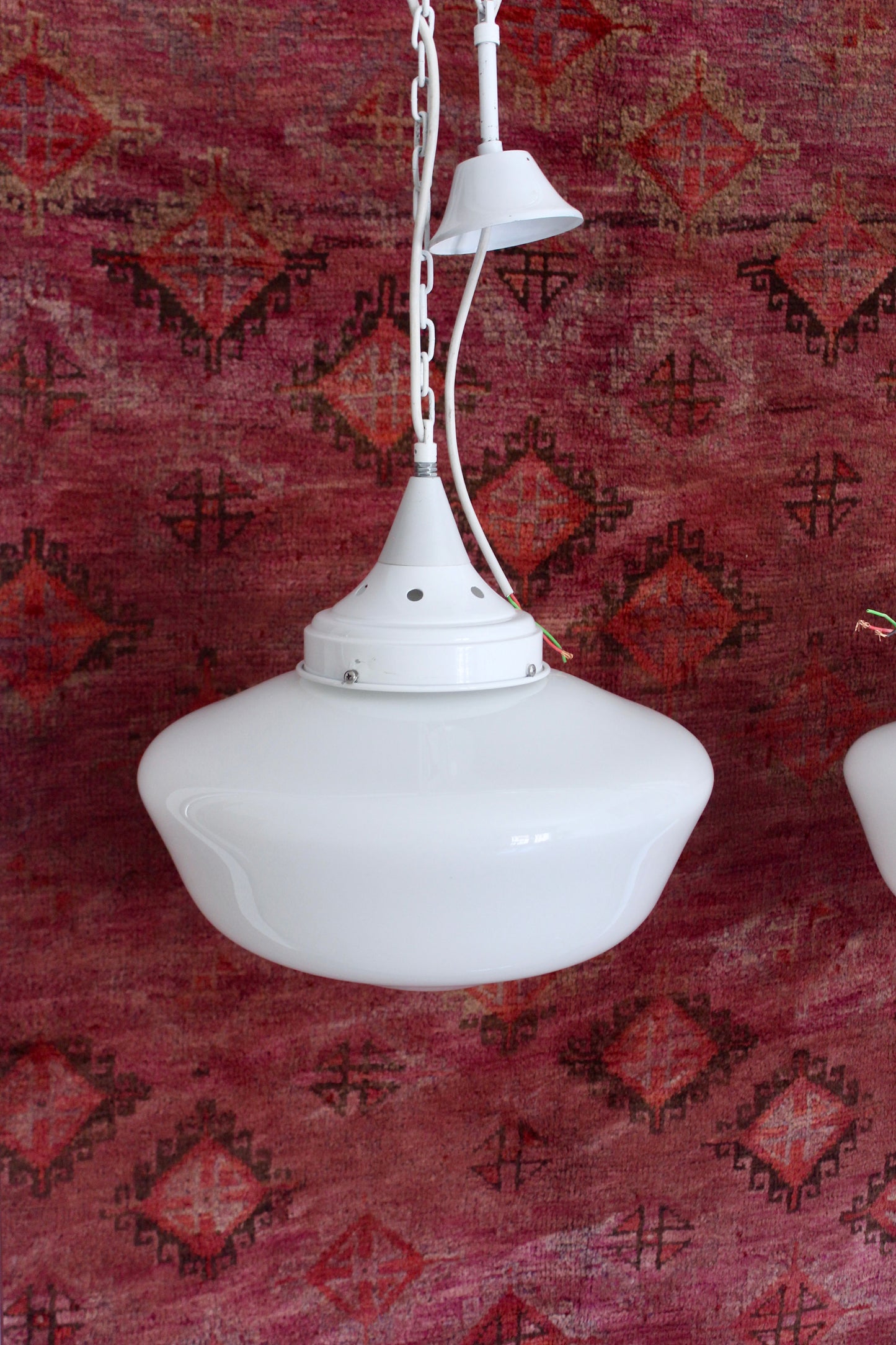 Pair of Vintage Industrial Opaline Glass Pendant Lights