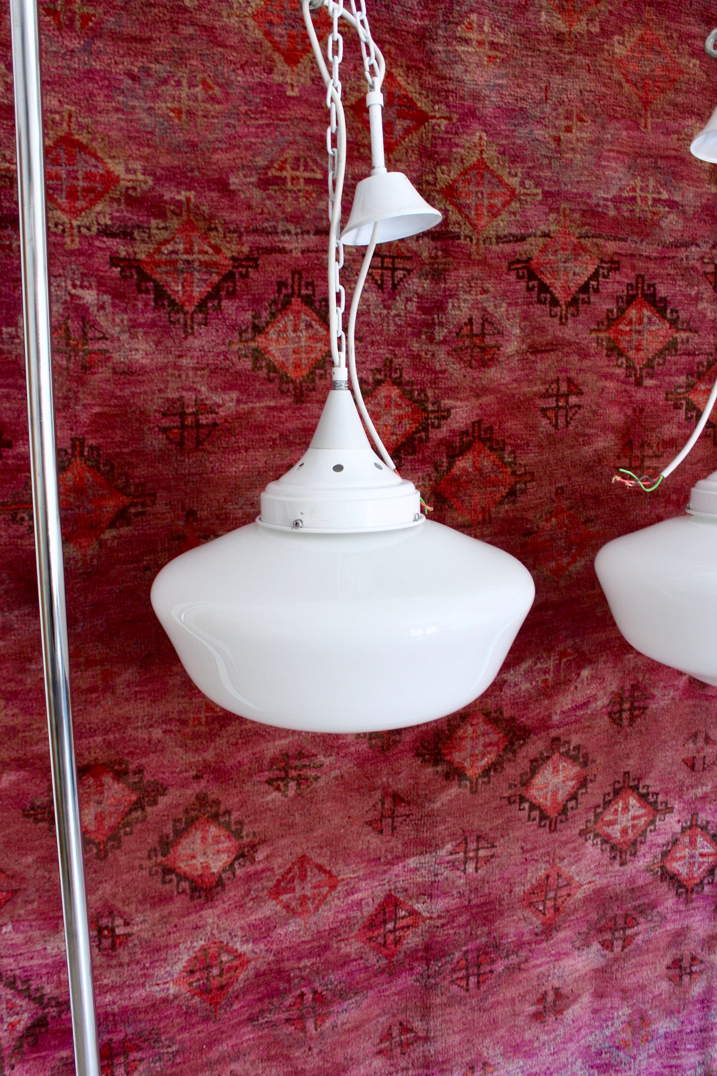 Pair of Vintage Industrial Opaline Glass Pendant Lights