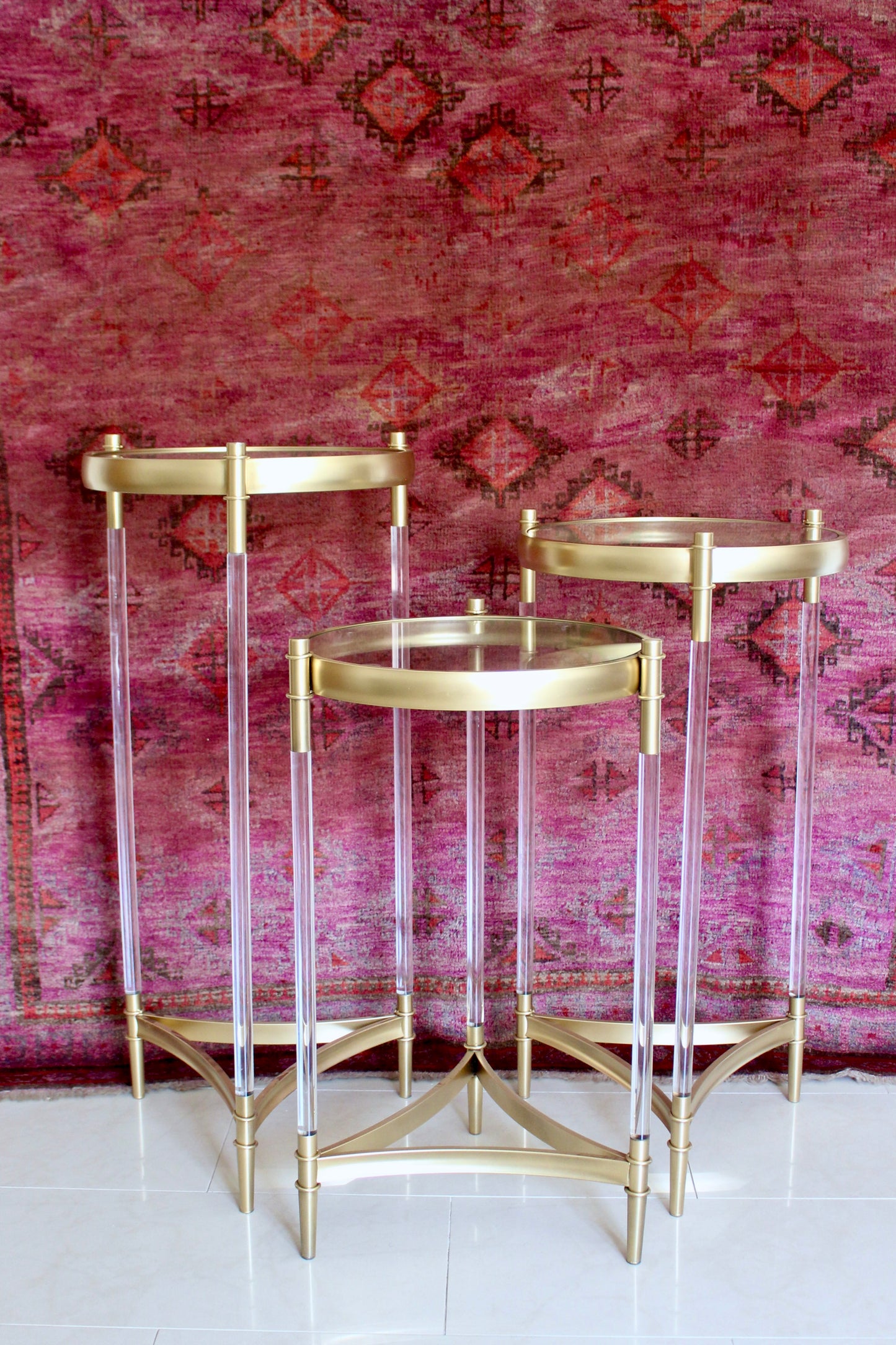 Set of Three Vintage Lucite & Brass Plant Stands