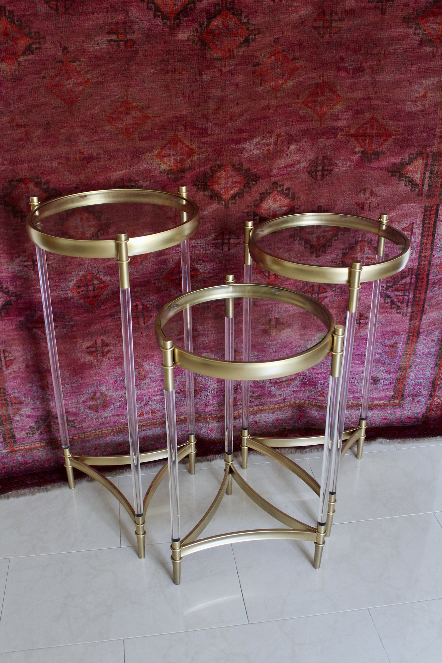 Set of Three Vintage Lucite & Brass Plant Stands