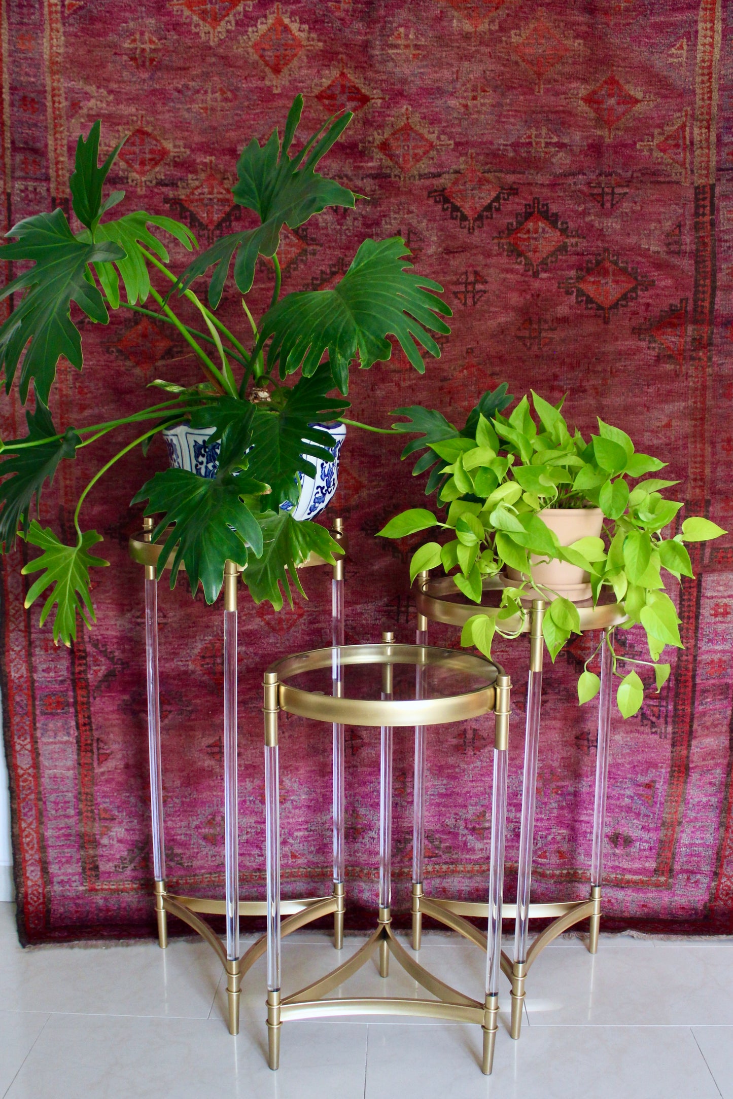 Set of Three Vintage Lucite & Brass Plant Stands