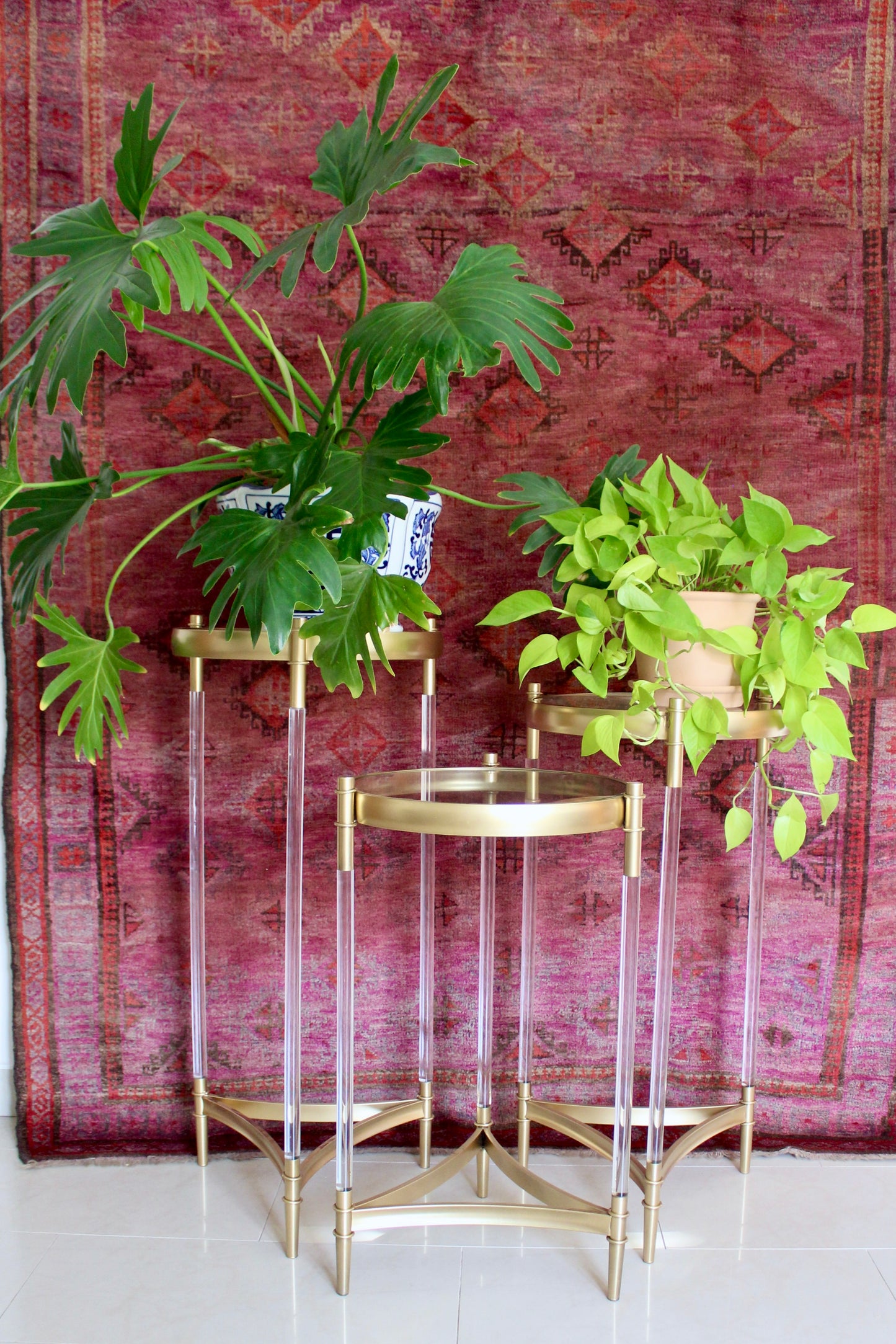 Set of Three Vintage Lucite & Brass Plant Stands