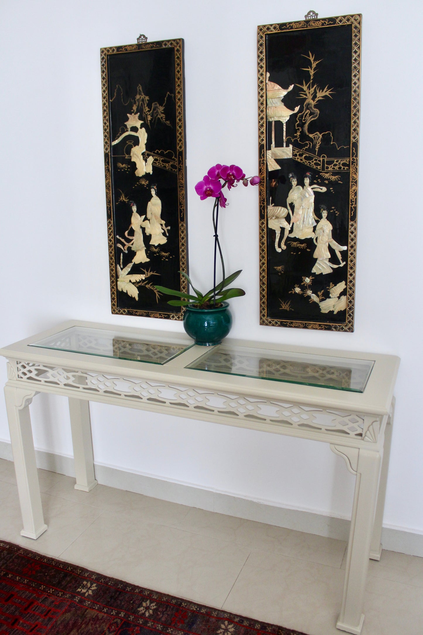 Pair of Vintage Chinese Black Lacquer & Mother-of-Pearl Wall Panels