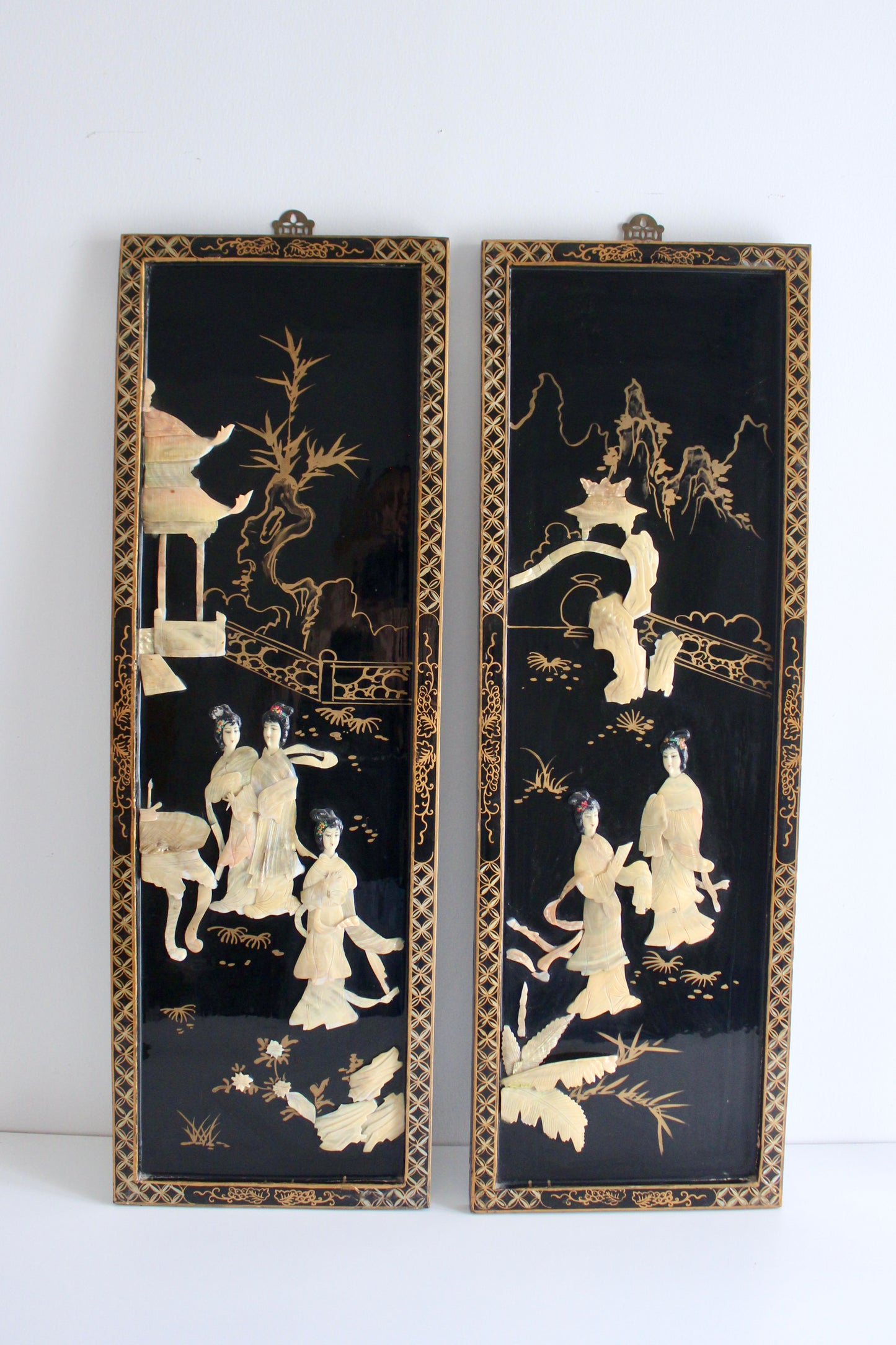 Pair of Vintage Chinese Black Lacquer & Mother-of-Pearl Wall Panels