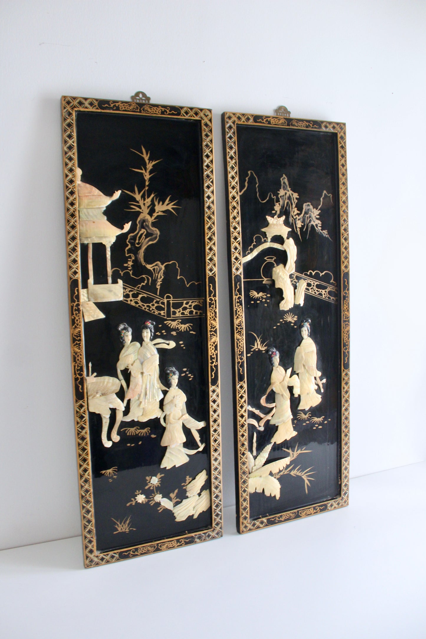 Pair of Vintage Chinese Black Lacquer & Mother-of-Pearl Wall Panels