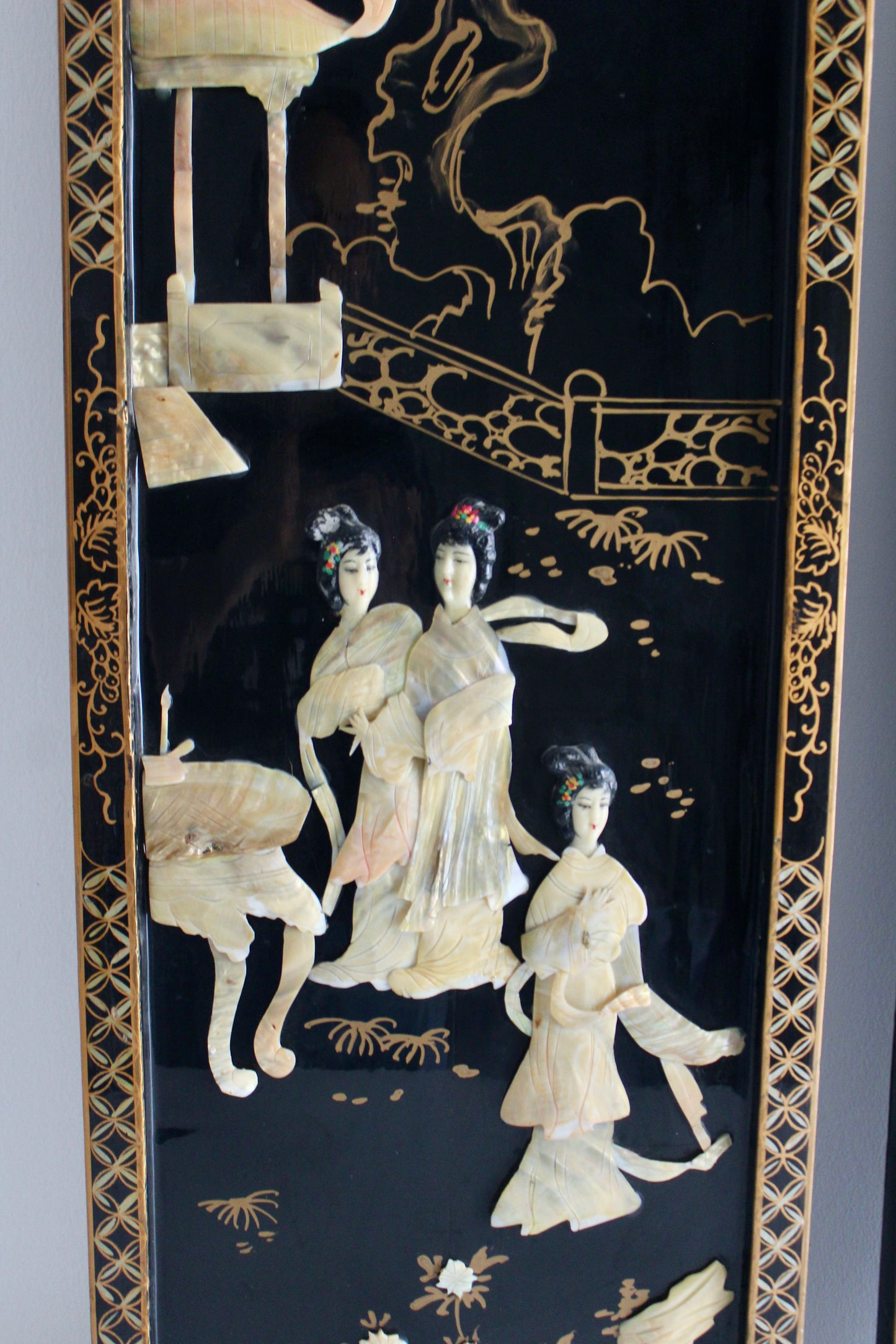 Pair of Vintage Chinese Black Lacquer & Mother-of-Pearl Wall Panels