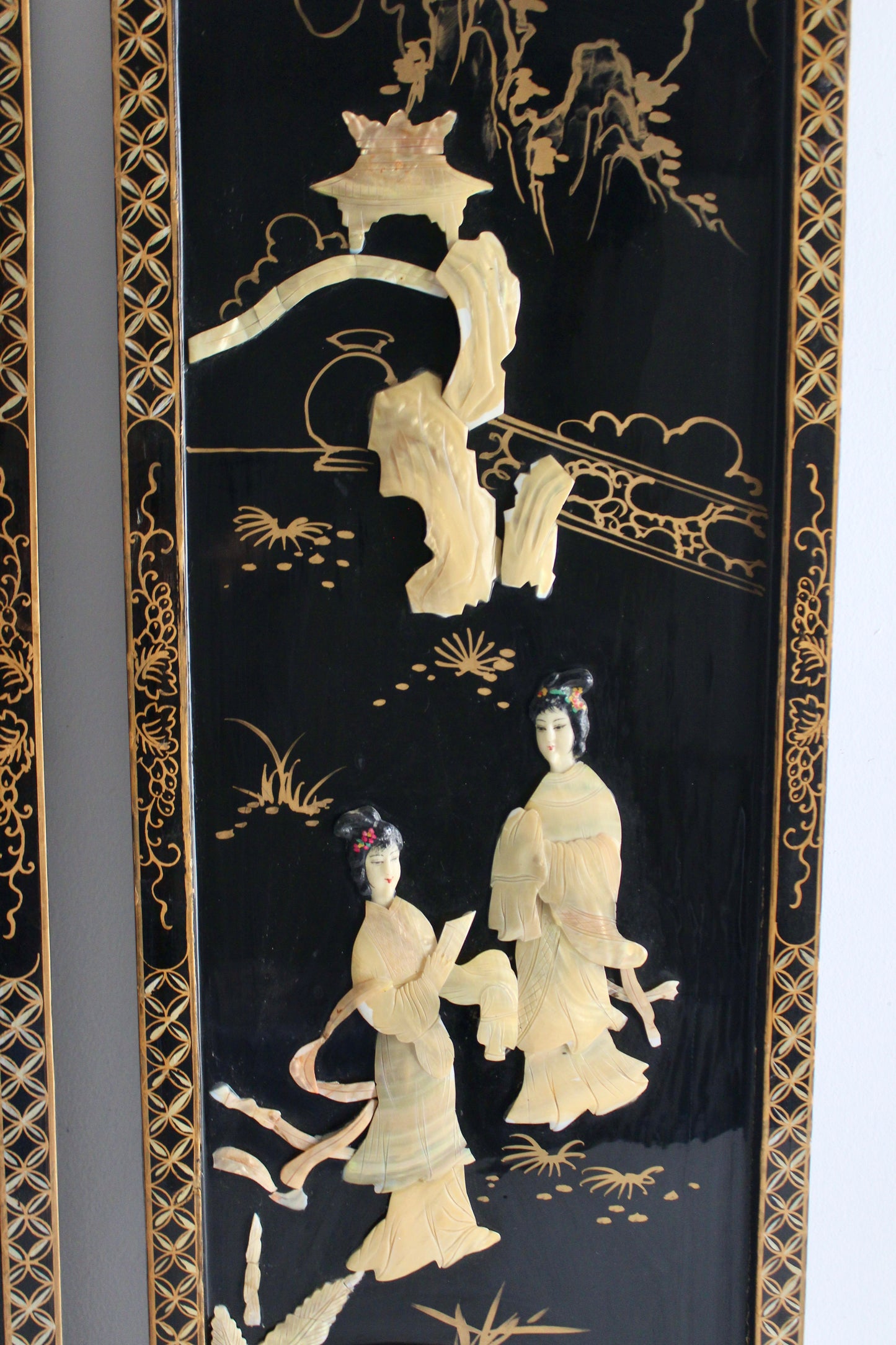 Pair of Vintage Chinese Black Lacquer & Mother-of-Pearl Wall Panels