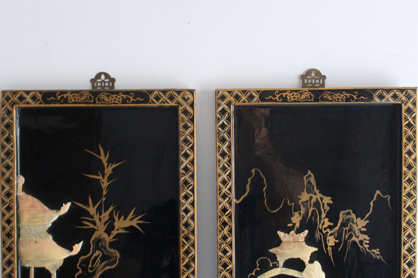 Pair of Vintage Chinese Black Lacquer & Mother-of-Pearl Wall Panels