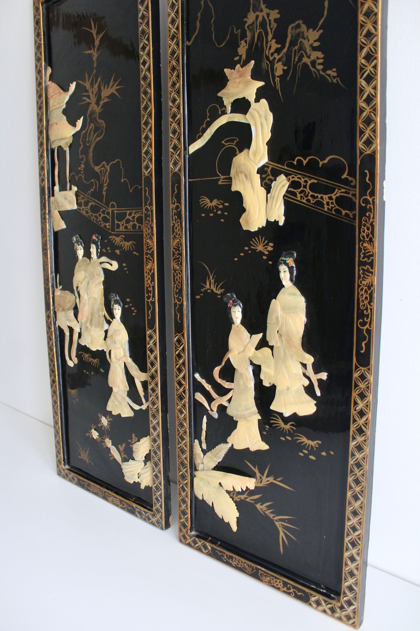 Pair of Vintage Chinese Black Lacquer & Mother-of-Pearl Wall Panels