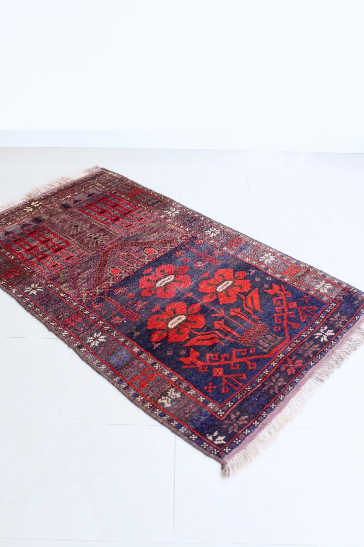 Vintage Afghan Prayer Rug with Floral Mihrab Design 86x142