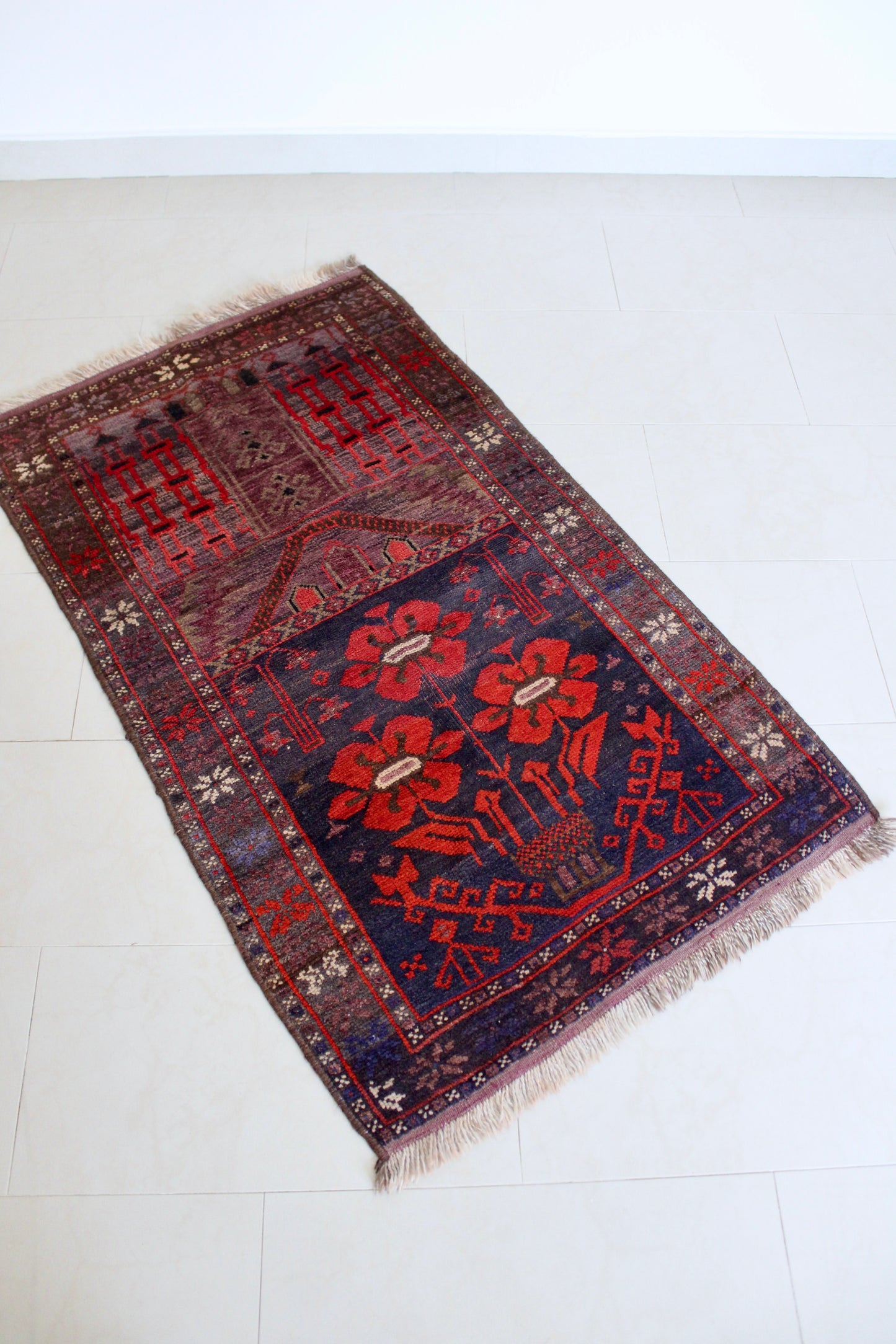 Vintage Afghan Prayer Rug with Floral Mihrab Design 86x142