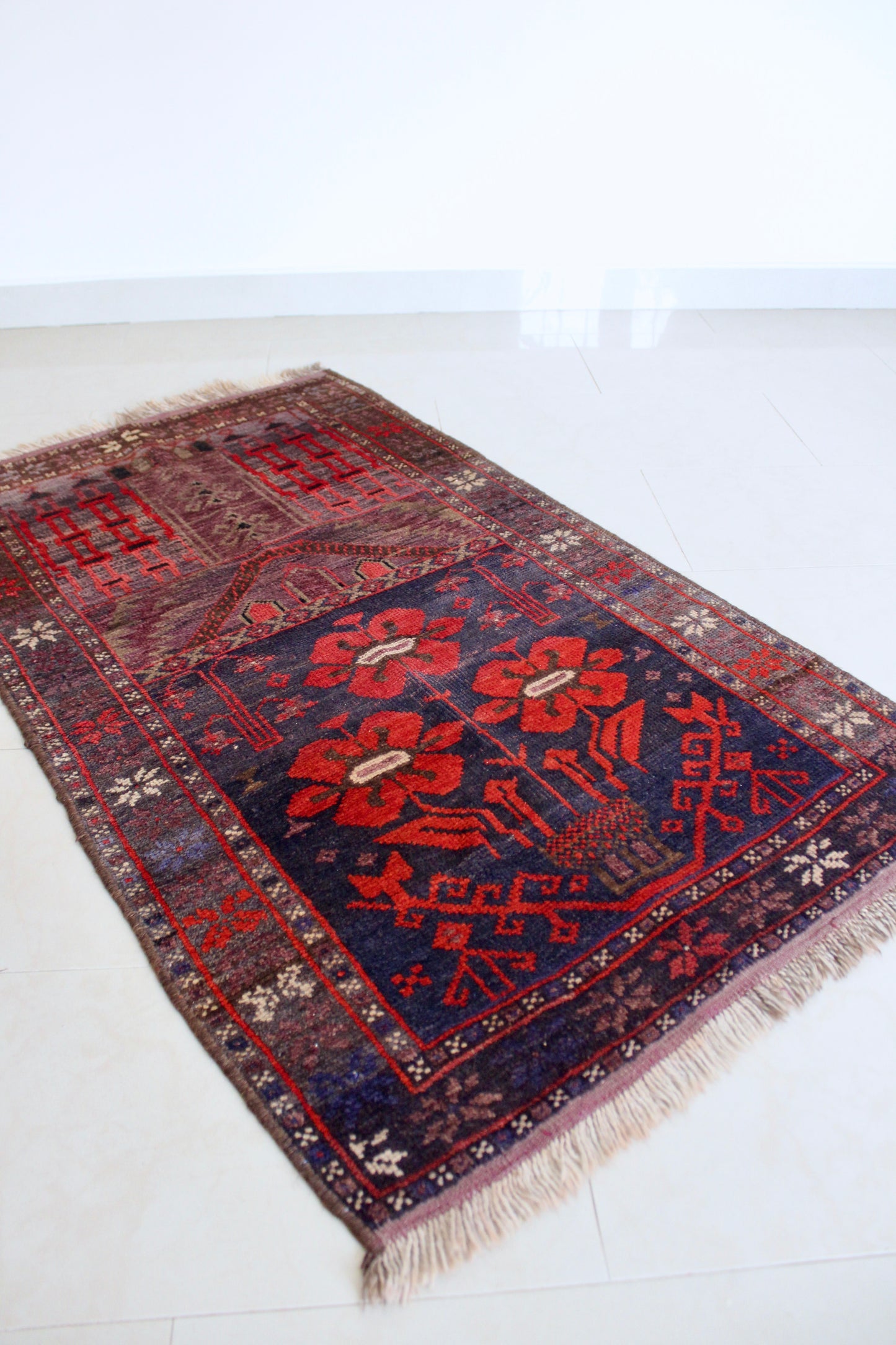 Vintage Afghan Prayer Rug with Floral Mihrab Design 86x142