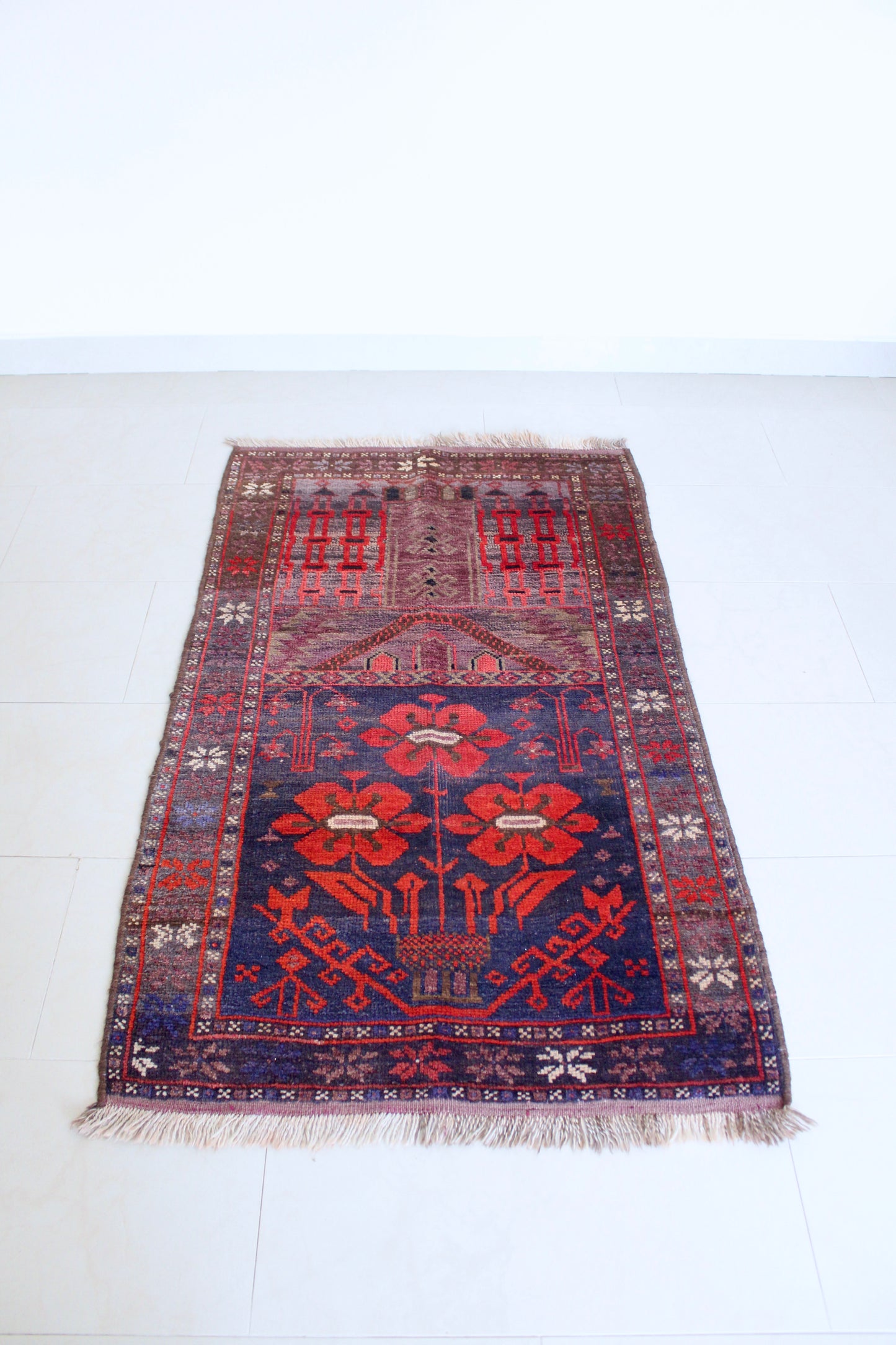 Vintage Afghan Prayer Rug with Floral Mihrab Design 86x142
