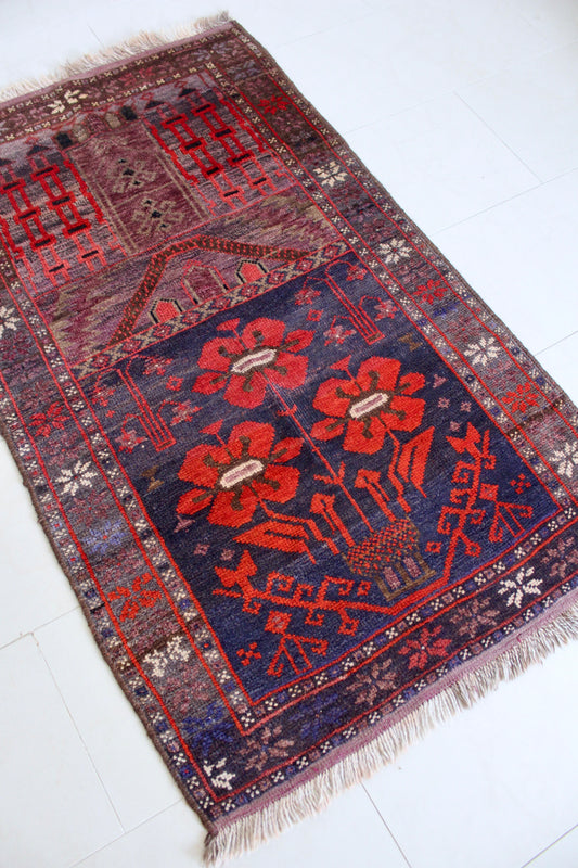 Vintage Afghan Prayer Rug with Floral Mihrab Design 86x142