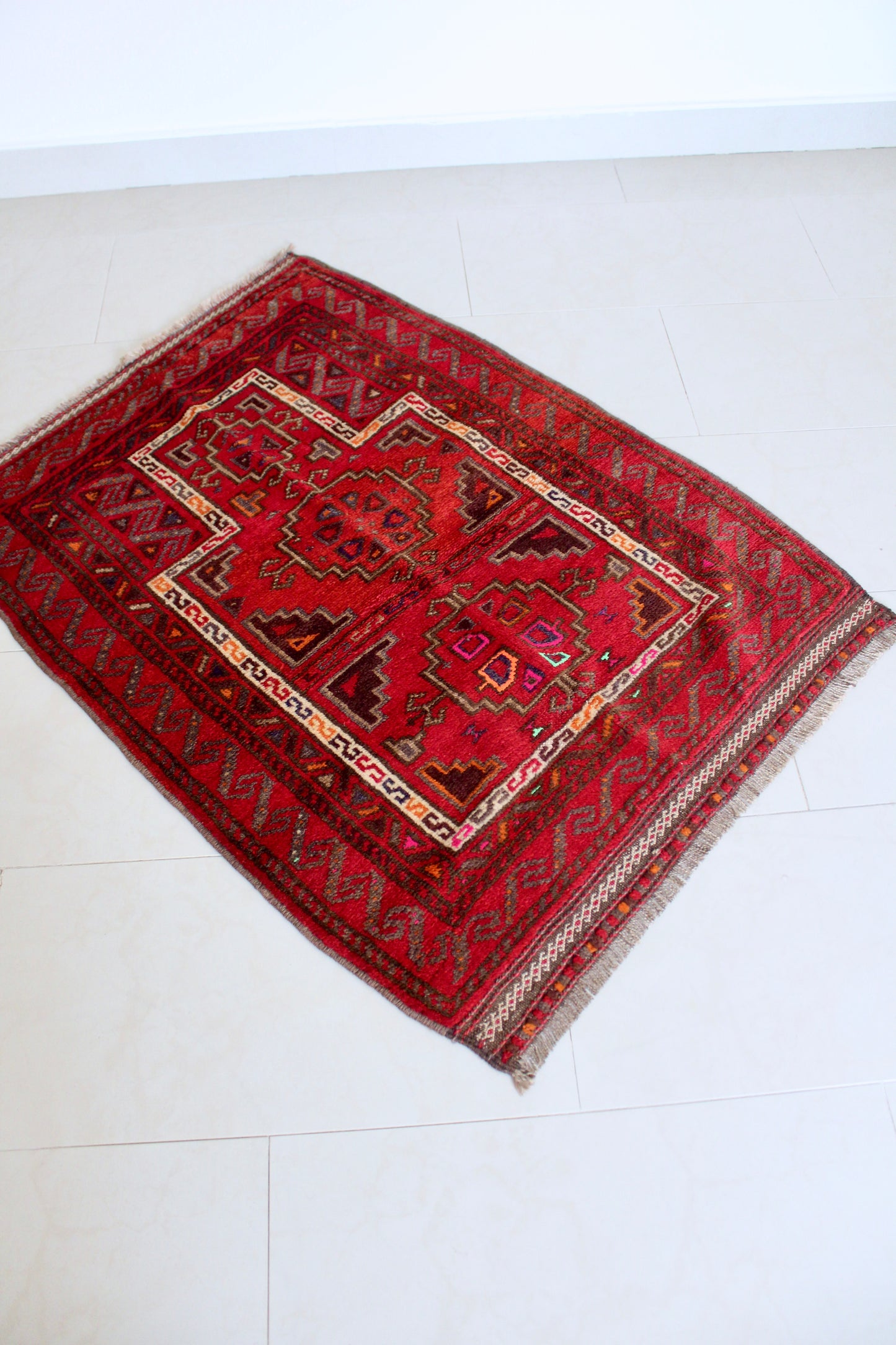 Vintage Afghan Tribal Rug in Rich Crimson Red 84x100