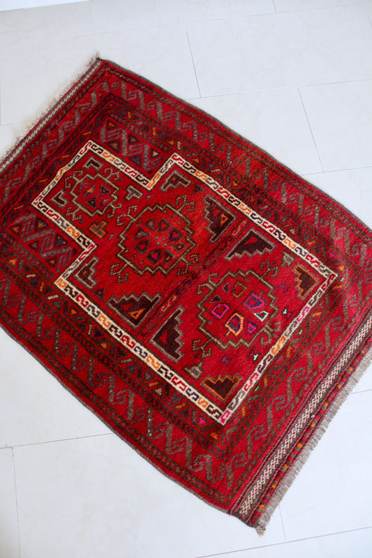 Vintage Afghan Tribal Rug in Rich Crimson Red 84x100