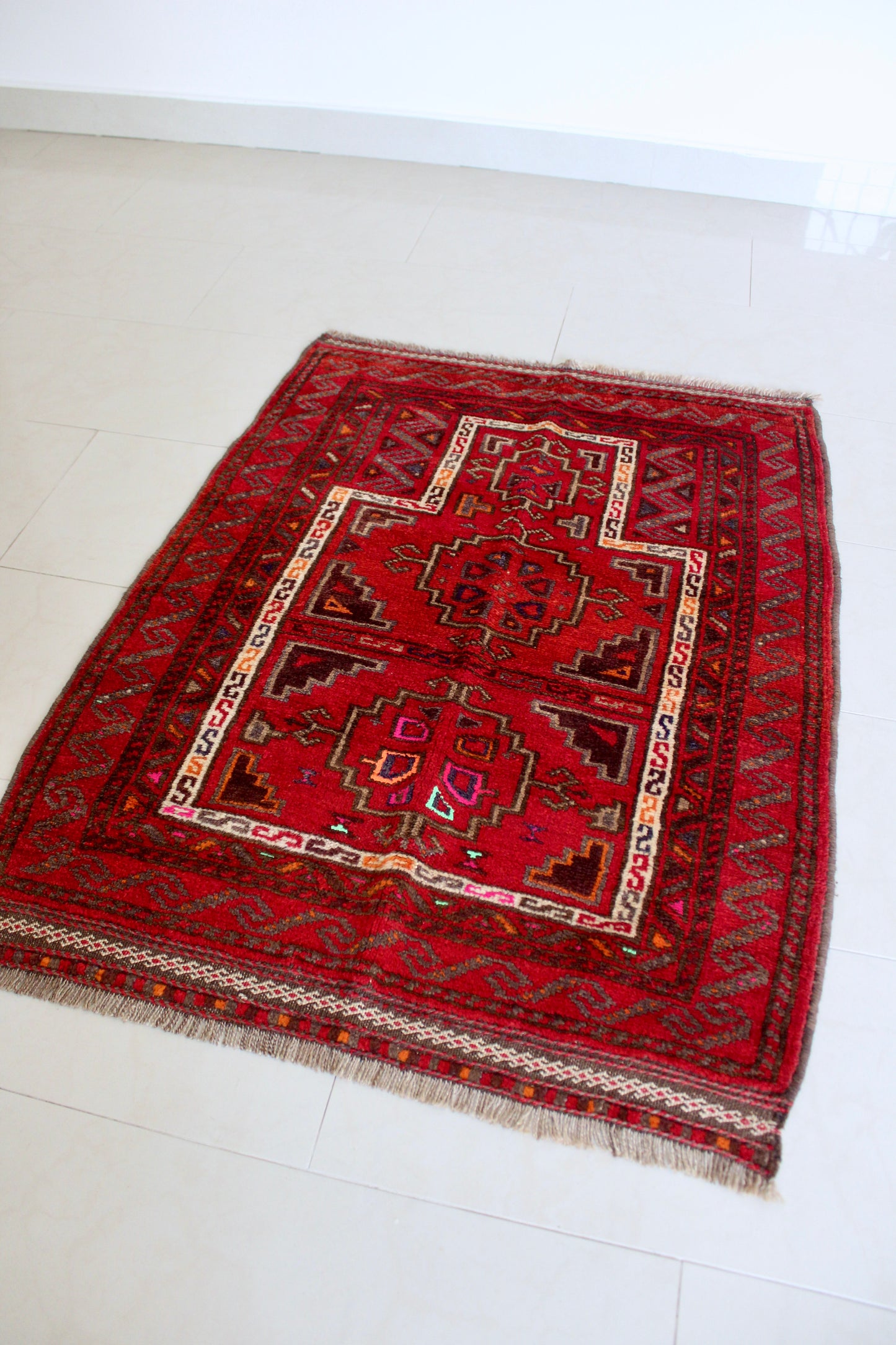 Vintage Afghan Tribal Rug in Rich Crimson Red 84x100