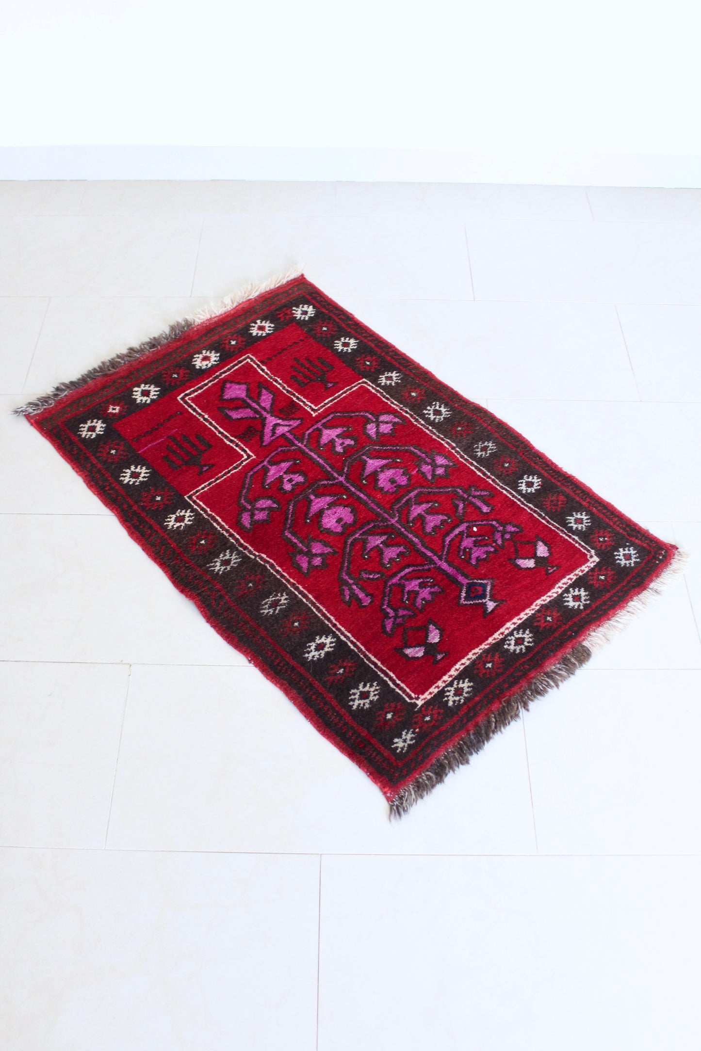 Vintage Afghan Tree of Life Prayer Rug in Crimson & Raspberry Tones 70x103