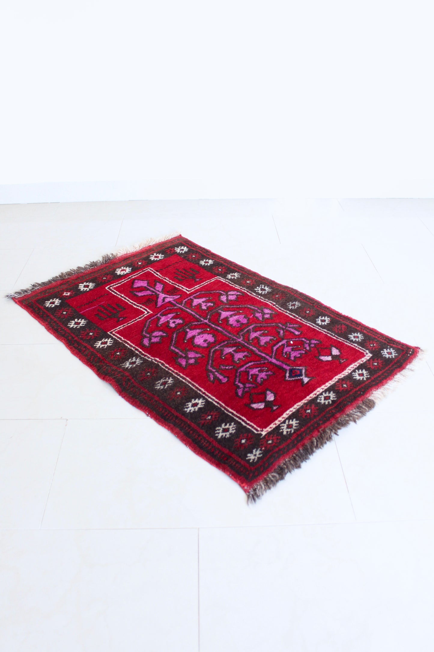 Vintage Afghan Tree of Life Prayer Rug in Crimson & Raspberry Tones 70x103