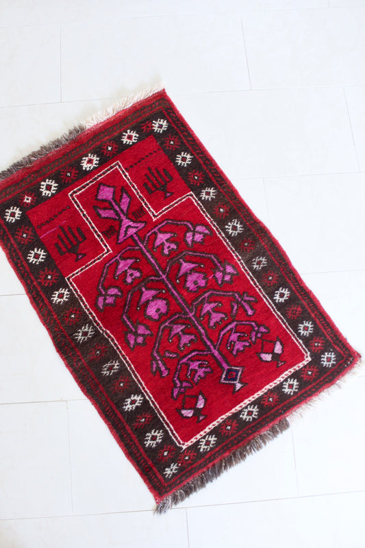 Vintage Afghan Tree of Life Prayer Rug in Crimson & Raspberry Tones 70x103