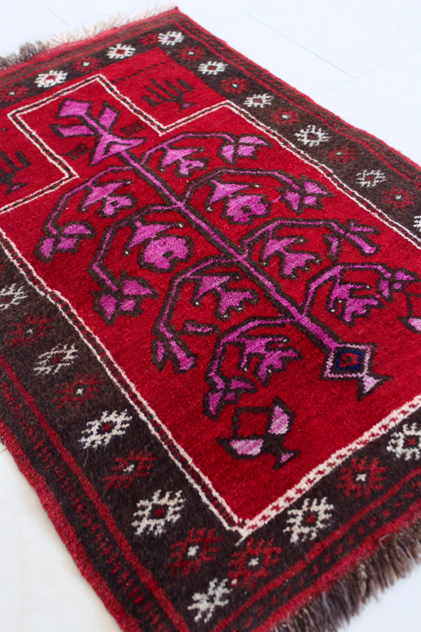 Vintage Afghan Tree of Life Prayer Rug in Crimson & Raspberry Tones 70x103