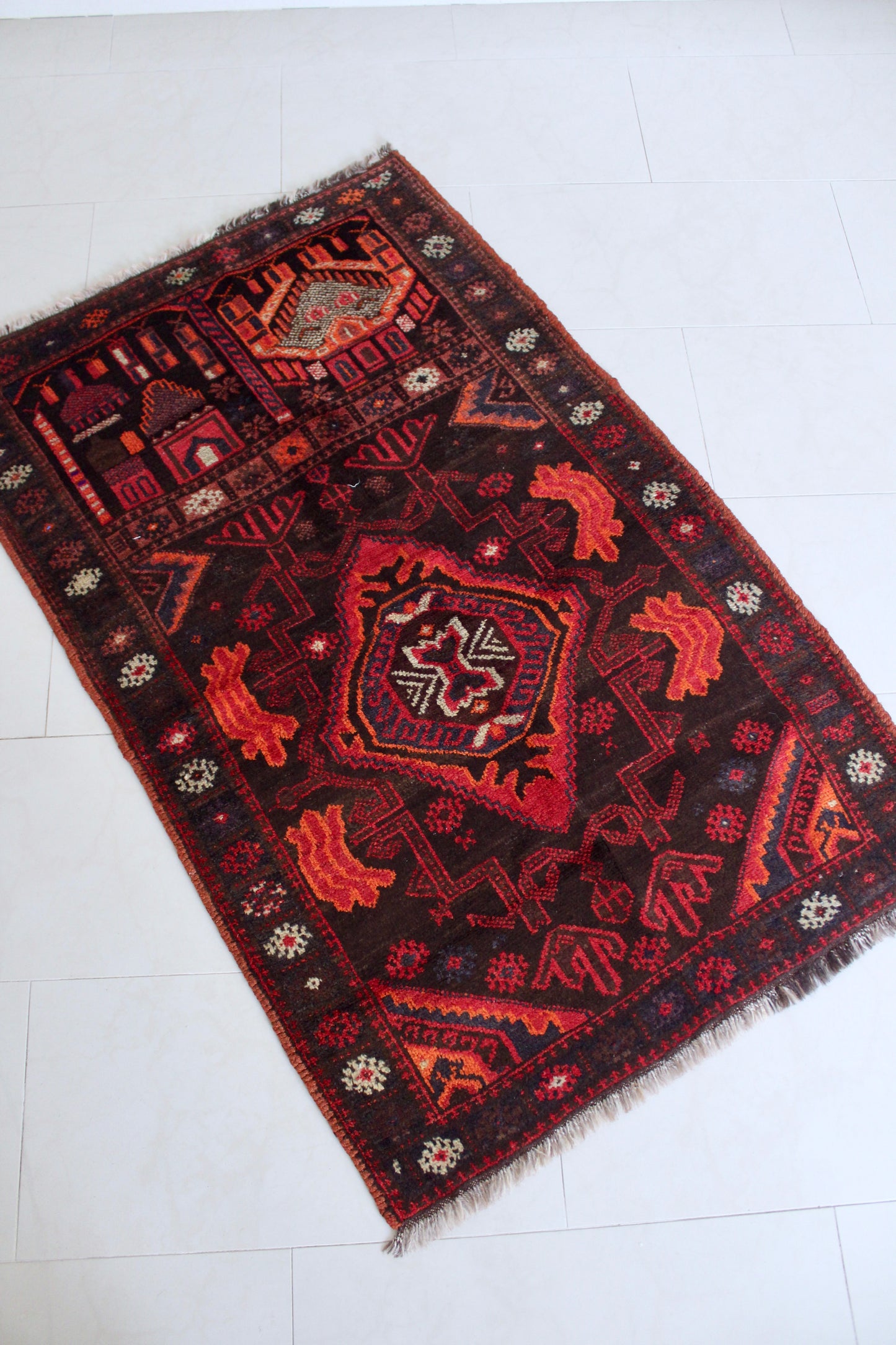 Vintage Afghan Prayer Rug with Mosque Motif 85x130