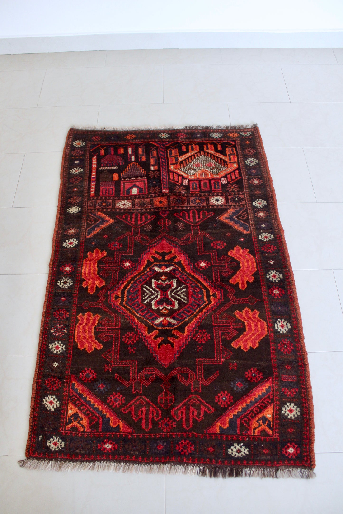 Vintage Afghan Prayer Rug with Mosque Motif 85x130