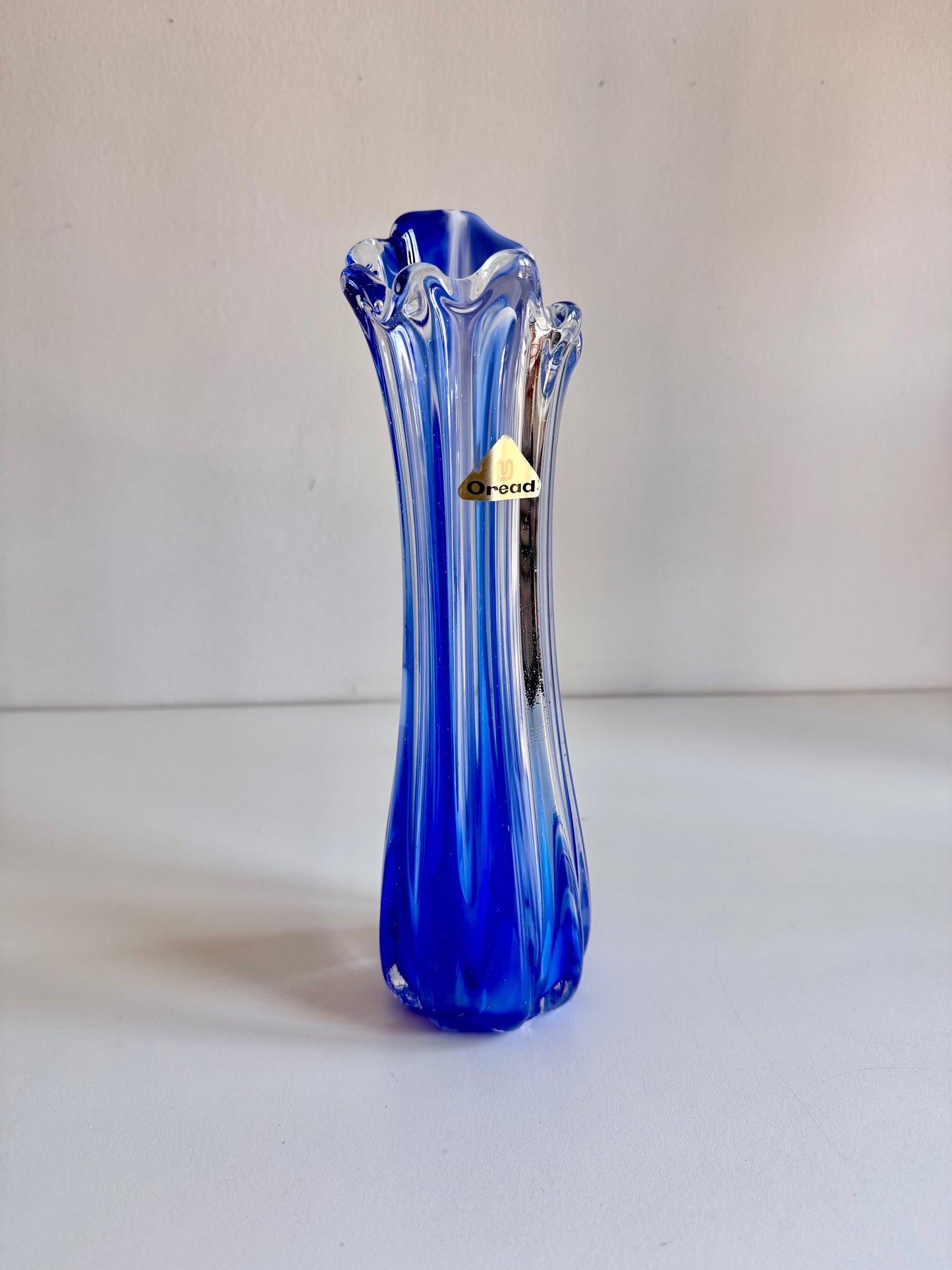 Vintage Japanese Oread Cobalt Blue Art Glass Vase, c. 1970s
