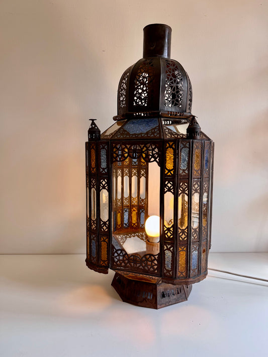 Vintage Indian Pierced Metal & Colored Glass Lantern Lamp – 73 cm