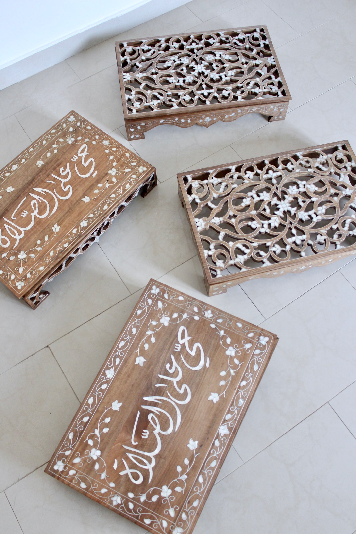 Handcrafted Islamic Mother-of-Pearl Inlaid Prayer & Quran Display Stands (Set of 4)
