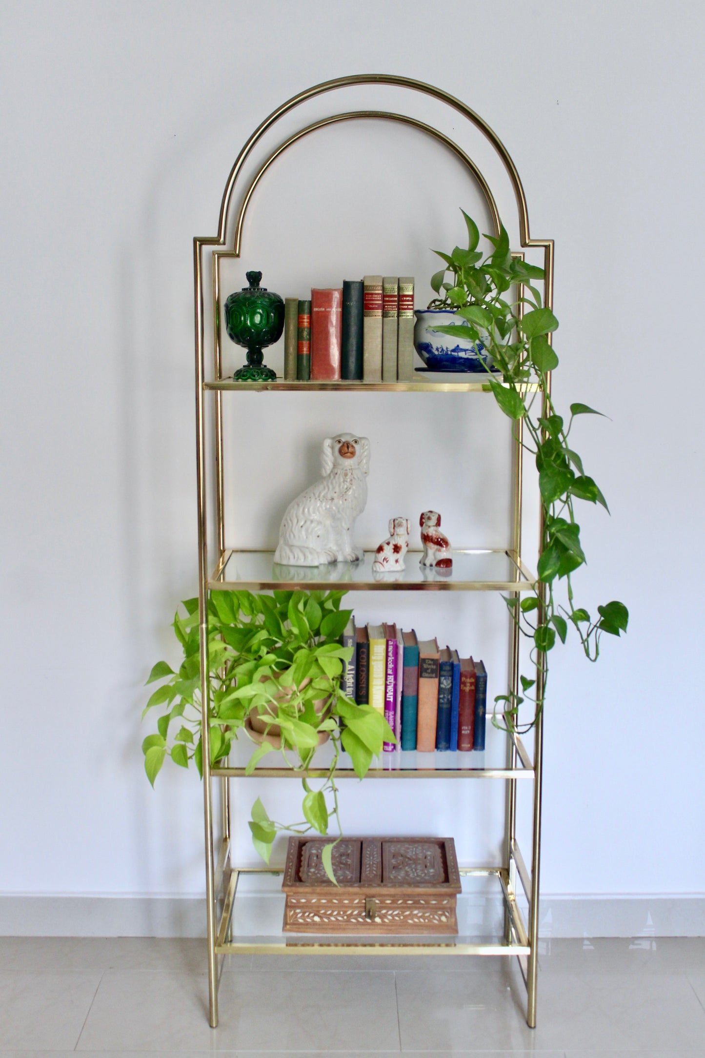 Vintage Brass & Glass Moorish Arch Étagère Display Shelf