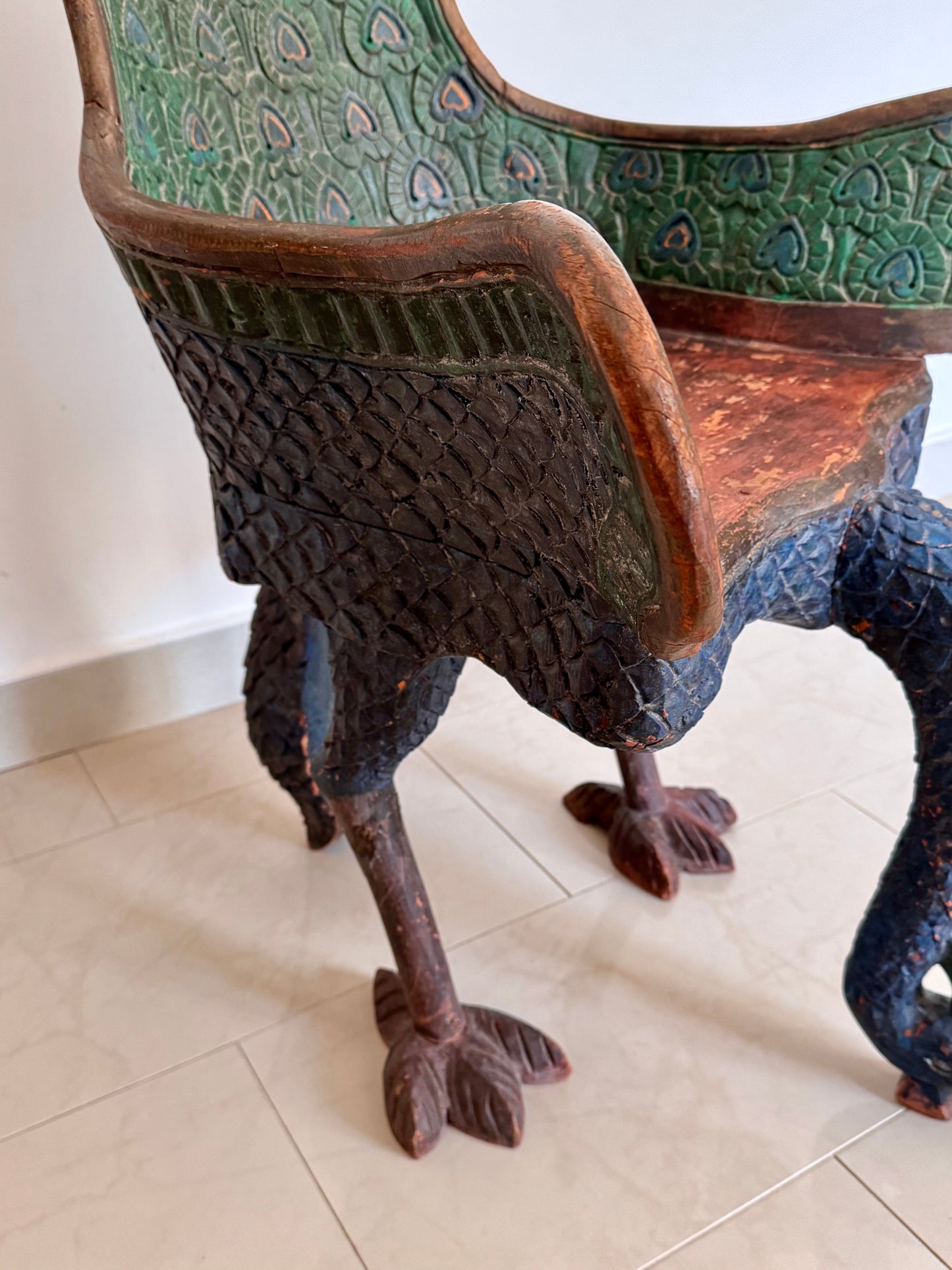 Vintage Indian Hand-Carved Peacock Chair