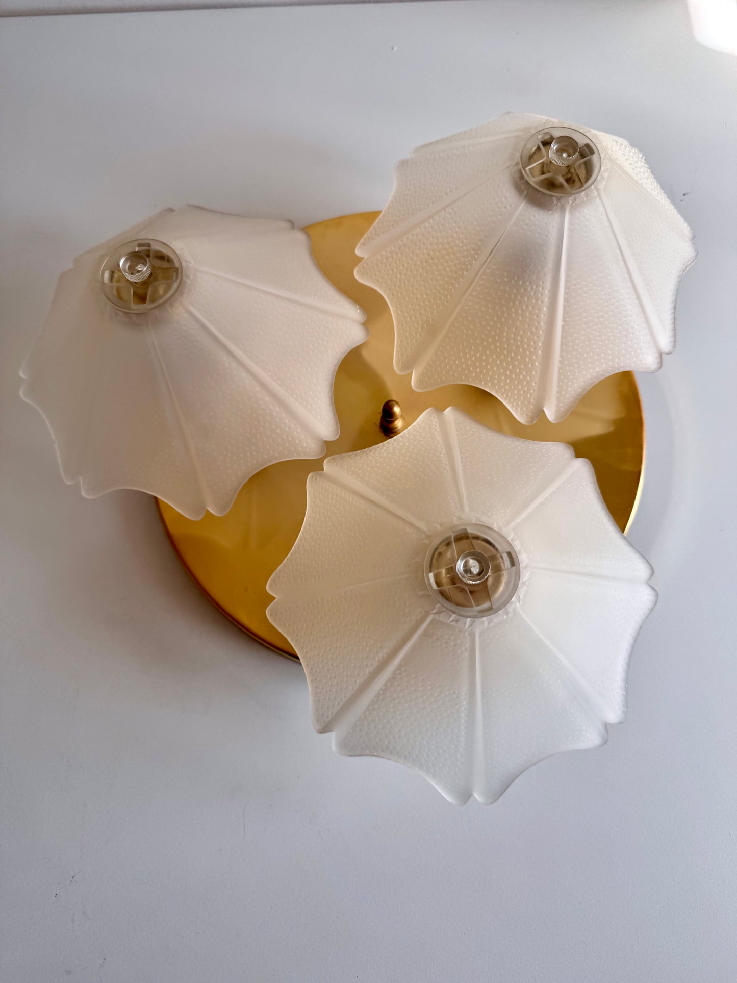 Vintage 1980 Three-Light Brass & Frosted Glass Ceiling Light