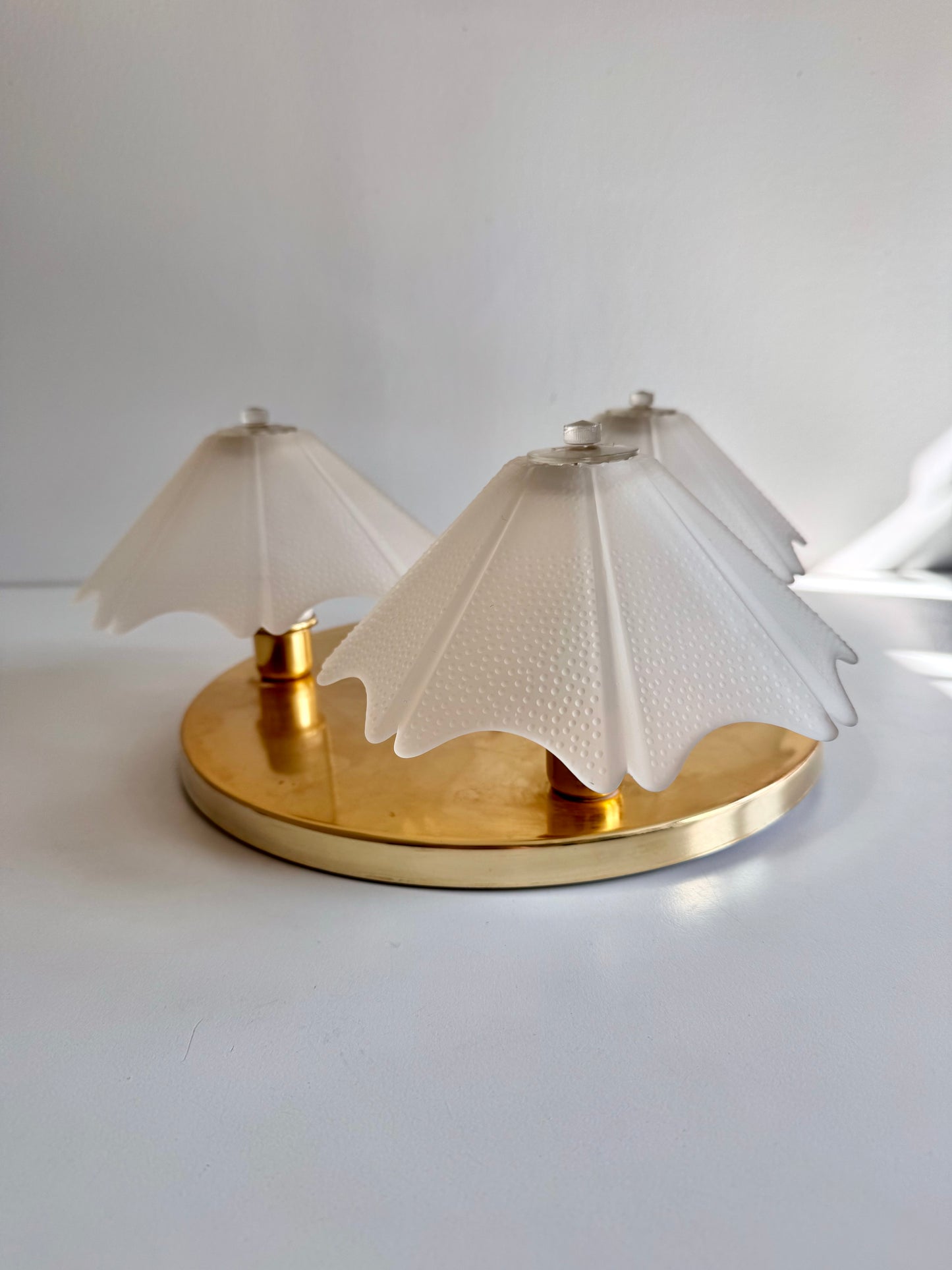 Vintage 1980 Three-Light Brass & Frosted Glass Ceiling Light