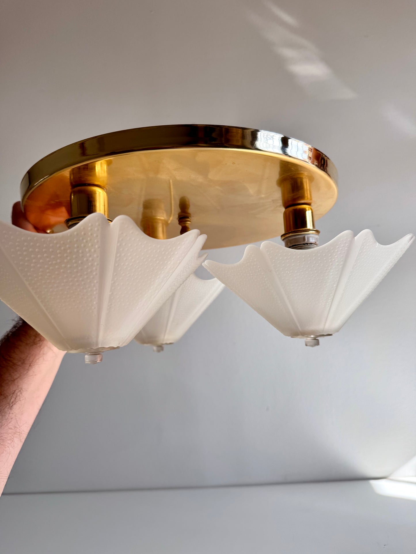 Vintage 1980 Three-Light Brass & Frosted Glass Ceiling Light