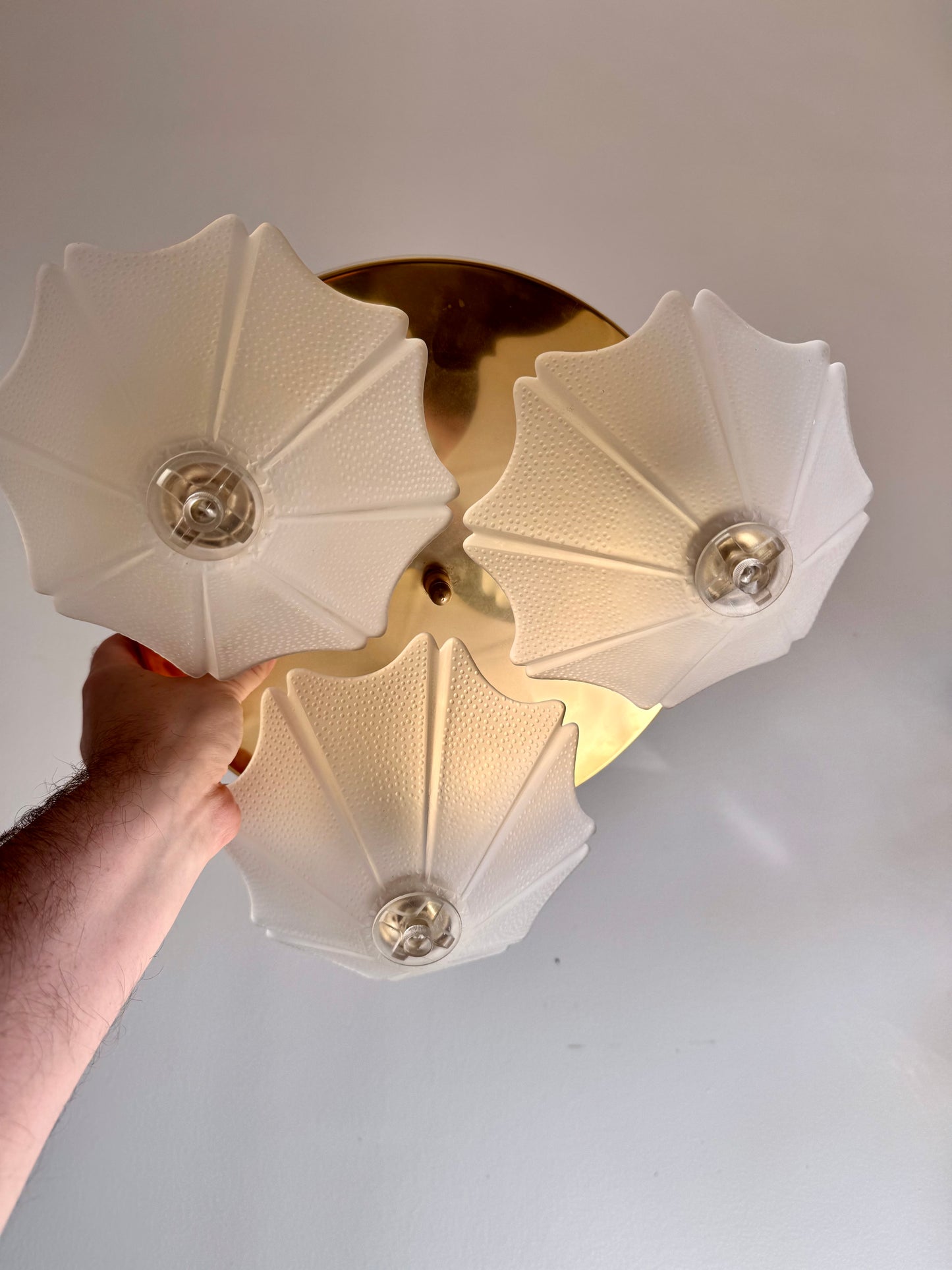 Vintage 1980 Three-Light Brass & Frosted Glass Ceiling Light