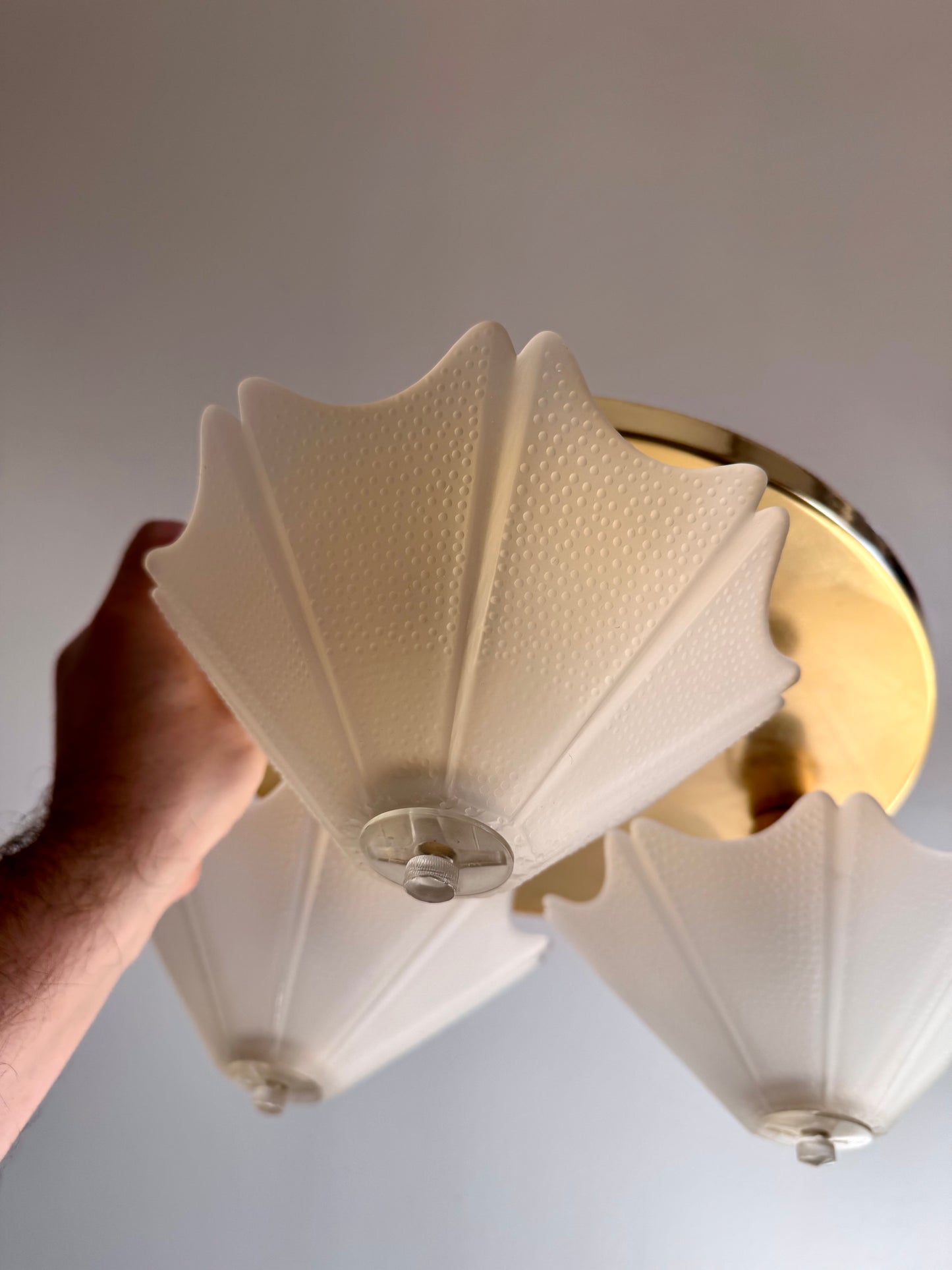 Vintage 1980 Three-Light Brass & Frosted Glass Ceiling Light