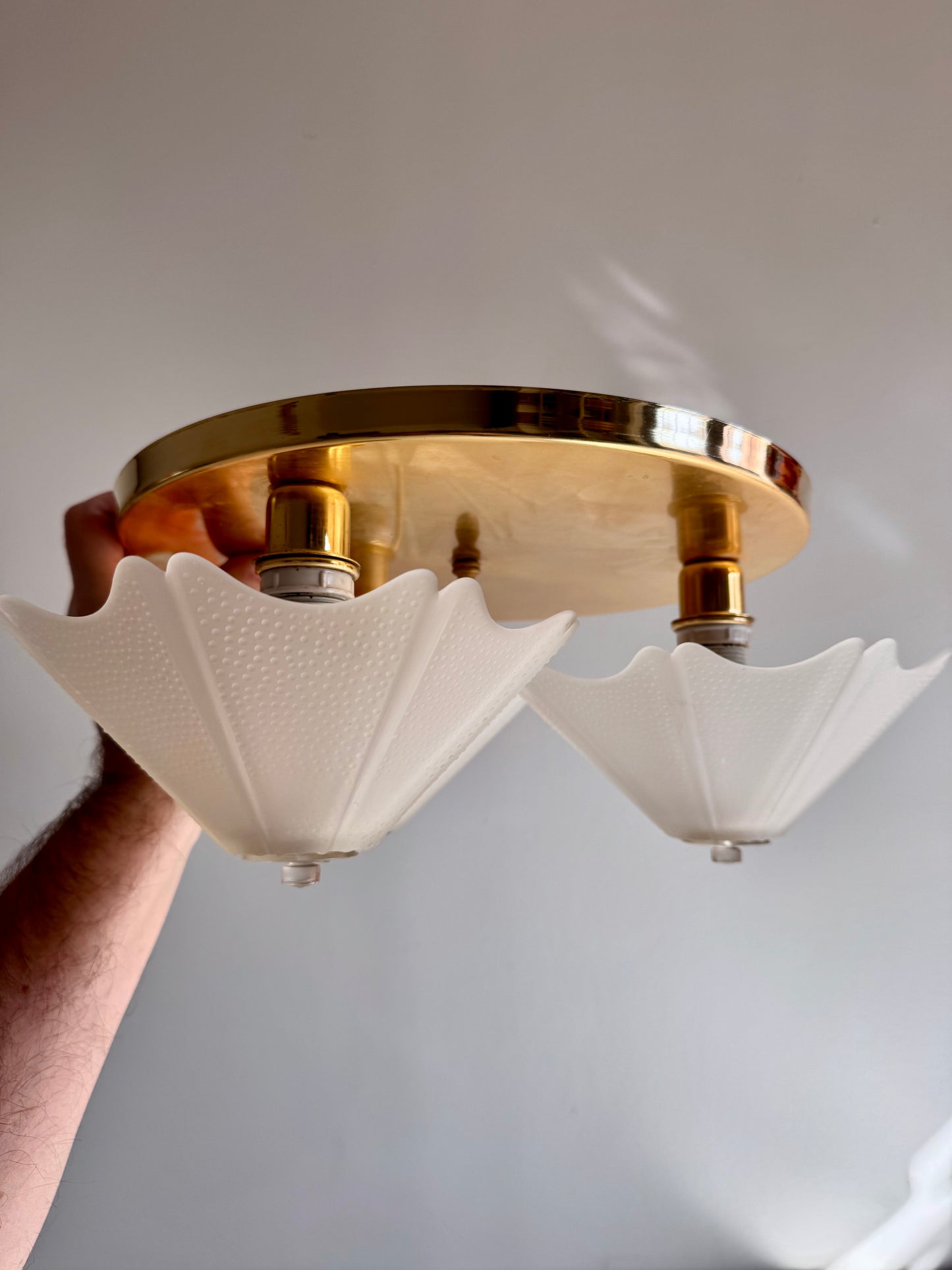 Vintage 1980 Three-Light Brass & Frosted Glass Ceiling Light