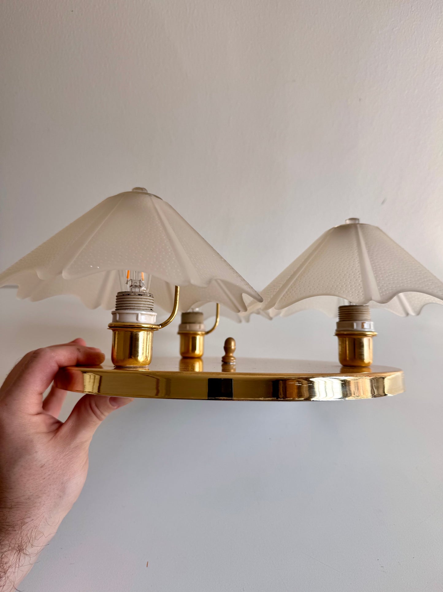 Vintage 1980 Three-Light Brass & Frosted Glass Ceiling Light