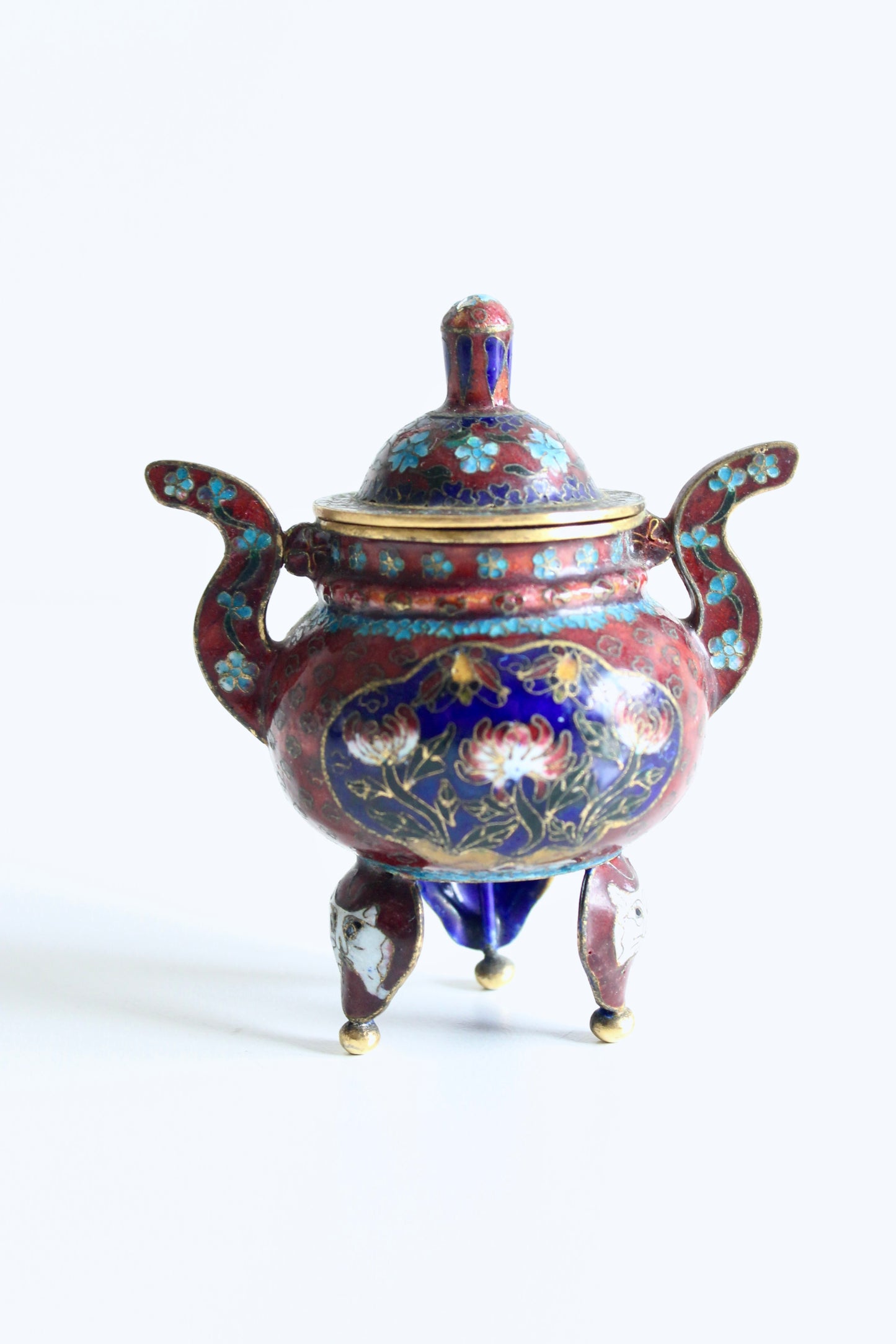 Chinese Cloisonné Tripod Covered Jar with Cat Mask Feet