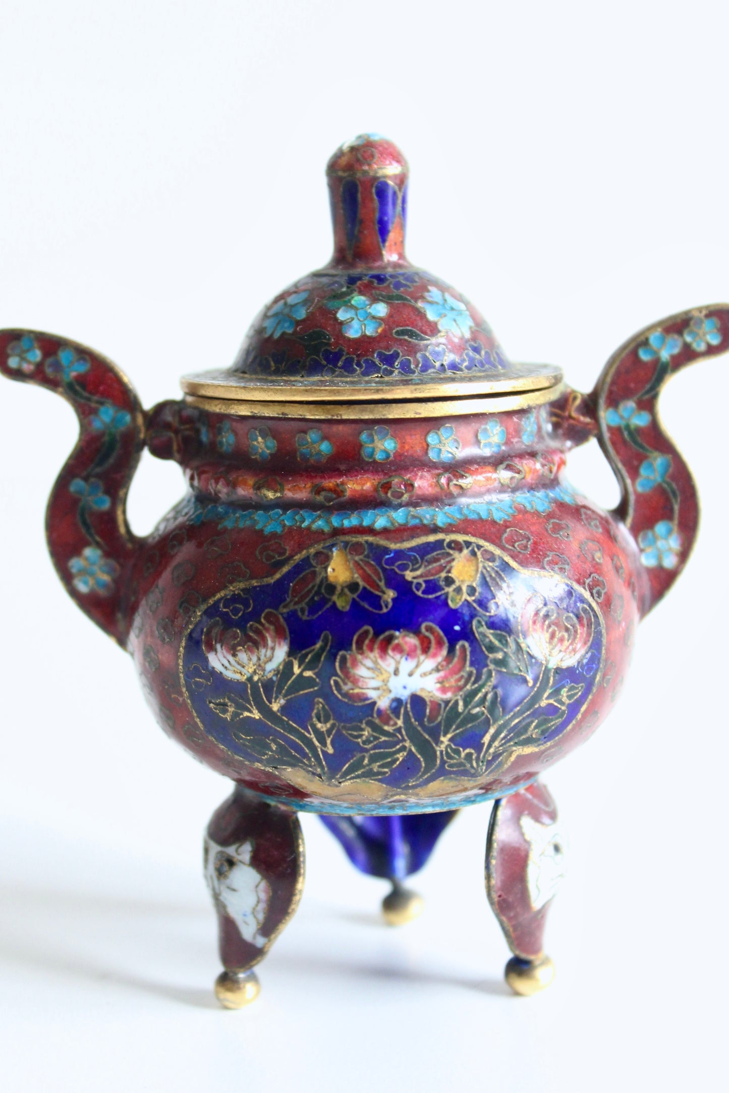 Chinese Cloisonné Tripod Covered Jar with Cat Mask Feet