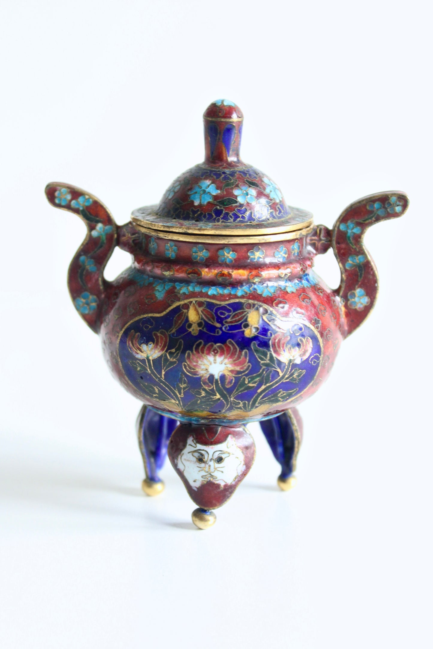 Chinese Cloisonné Tripod Covered Jar with Cat Mask Feet