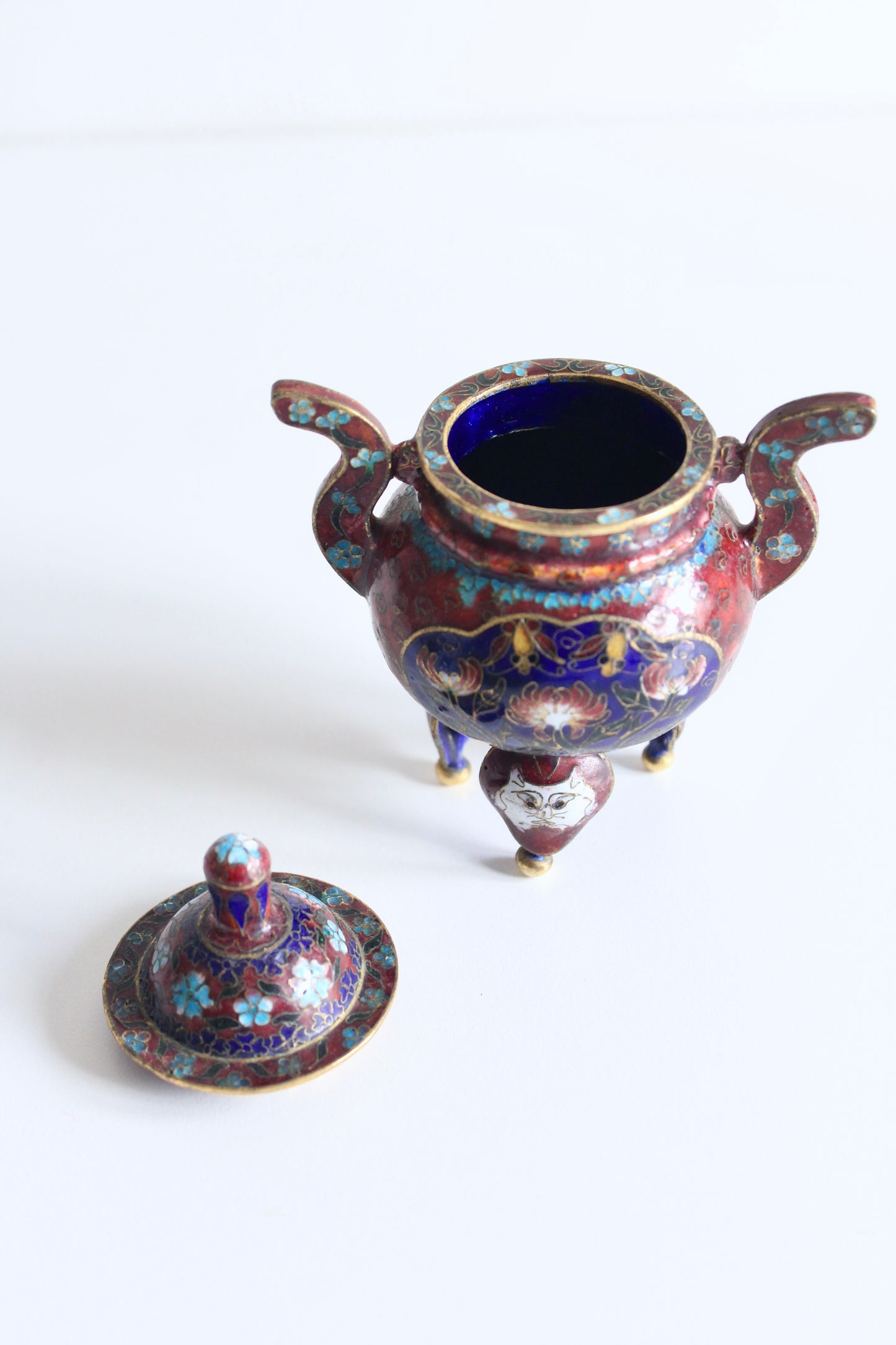 Chinese Cloisonné Tripod Covered Jar with Cat Mask Feet