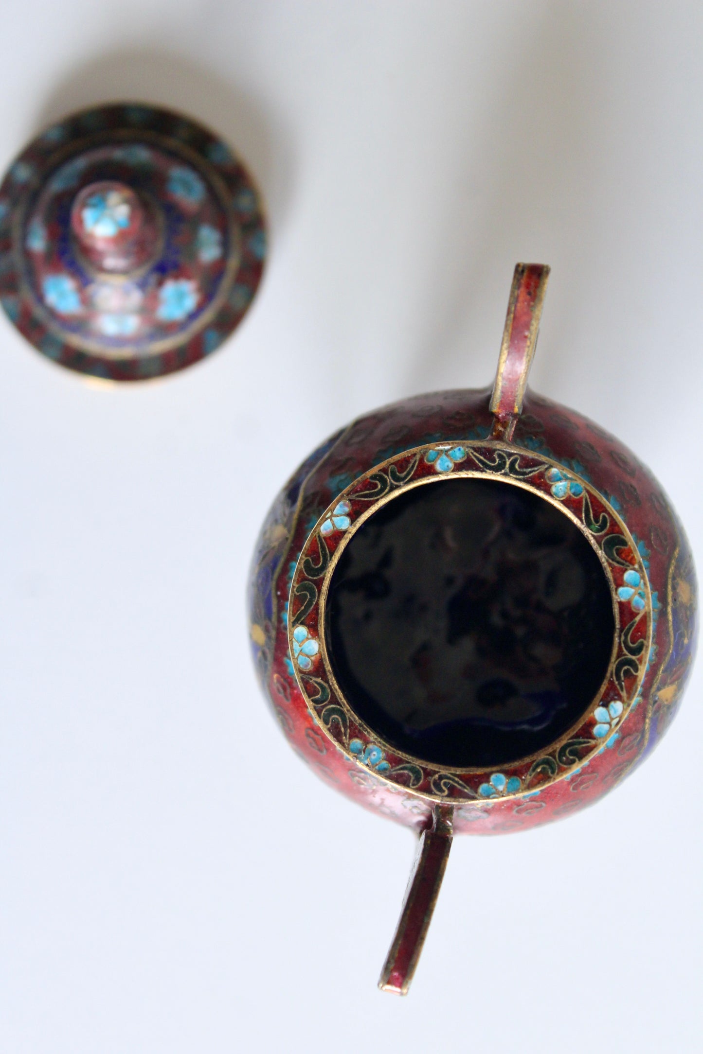 Chinese Cloisonné Tripod Covered Jar with Cat Mask Feet