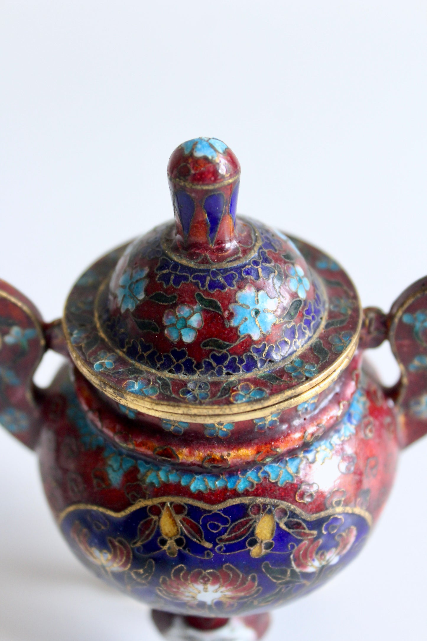 Chinese Cloisonné Tripod Covered Jar with Cat Mask Feet