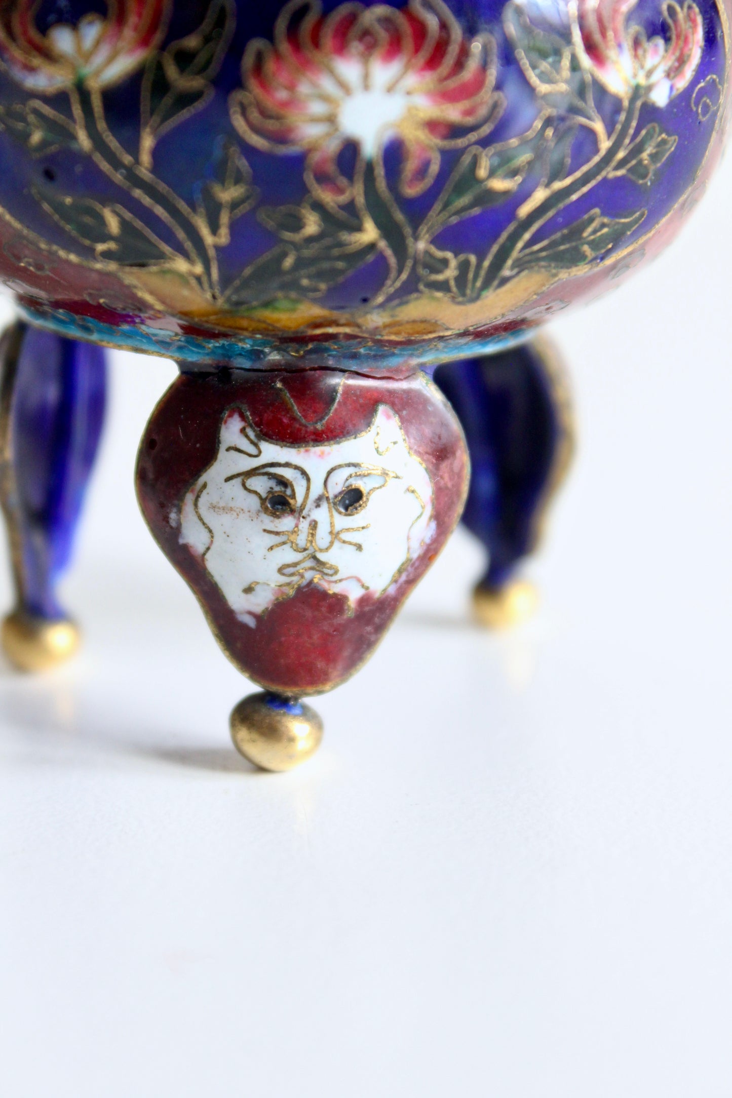 Chinese Cloisonné Tripod Covered Jar with Cat Mask Feet